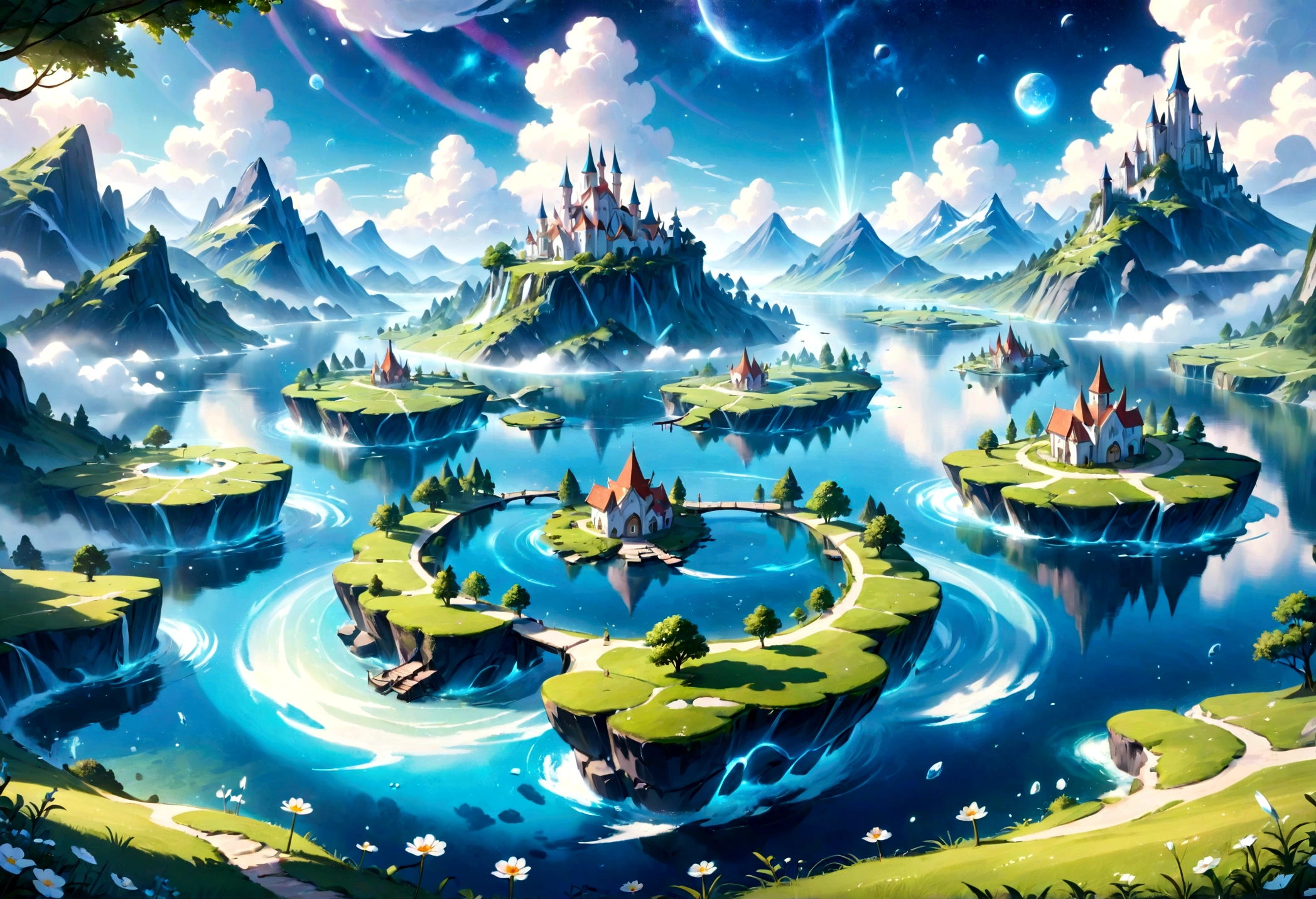 a beautiful whimsical sleepy blue and white dreamland mashup, fantasy landscape, tranquil lake, lush green meadow, floating islands, magical floating crystals, soft glowing lights, dreamy atmosphere, serene, ethereal, intricate details, highly detailed, 8k, photorealistic, masterpiece, cinematic lighting, vivid colors, imaginative, surreal, whimsical, fantasy art