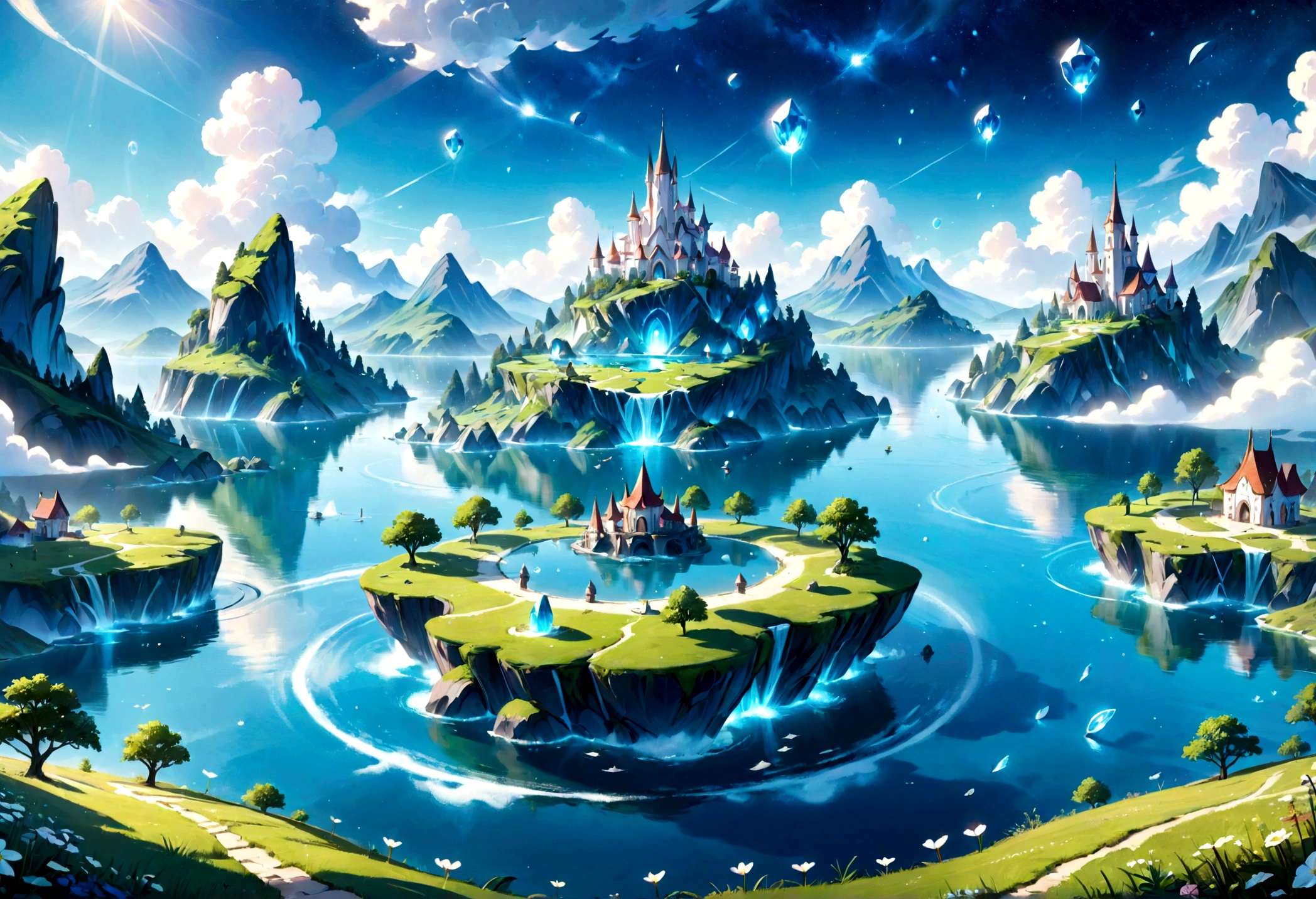 a beautiful whimsical sleepy blue and white dreamland mashup, fantasy landscape, tranquil lake, lush green meadow, floating islands, magical floating crystals, soft glowing lights, dreamy atmosphere, serene, ethereal, intricate details, highly detailed, 8k, photorealistic, masterpiece, cinematic lighting, vivid colors, imaginative, surreal, whimsical, fantasy art