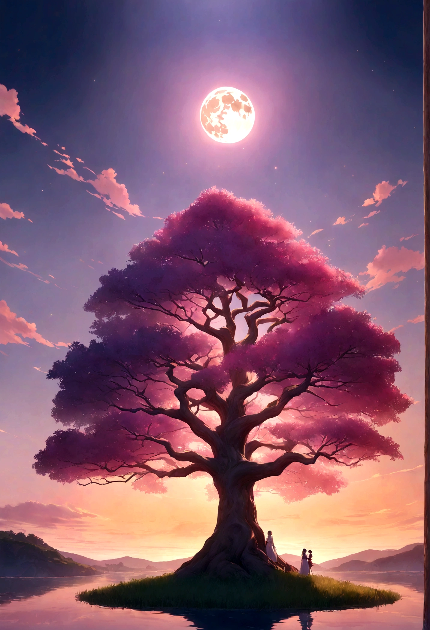 A captivating 3D rendering of a mystical cherry tree dominating a twilight meadow. The tree is adorned with transitions from deep red to soft pink, radiant orange and bluish purple, echoing the stunning colors of the sunset sky. The tree emits a magical glow, with shimmering finishes that seem to contain an inner light. Surrounding the tree is a serene cliff bathed in twilight, with rolling hills and a blue lake reflecting the vibrant sky. Fireflies gracefully dance around the tree, adding to the enchanting atmosphere. The moon reflecting on the tree and the lake. This delicate balance of light and dark creates a mesmerizing scene, evoking the beauty and mystery of a dark fantasy landscape.