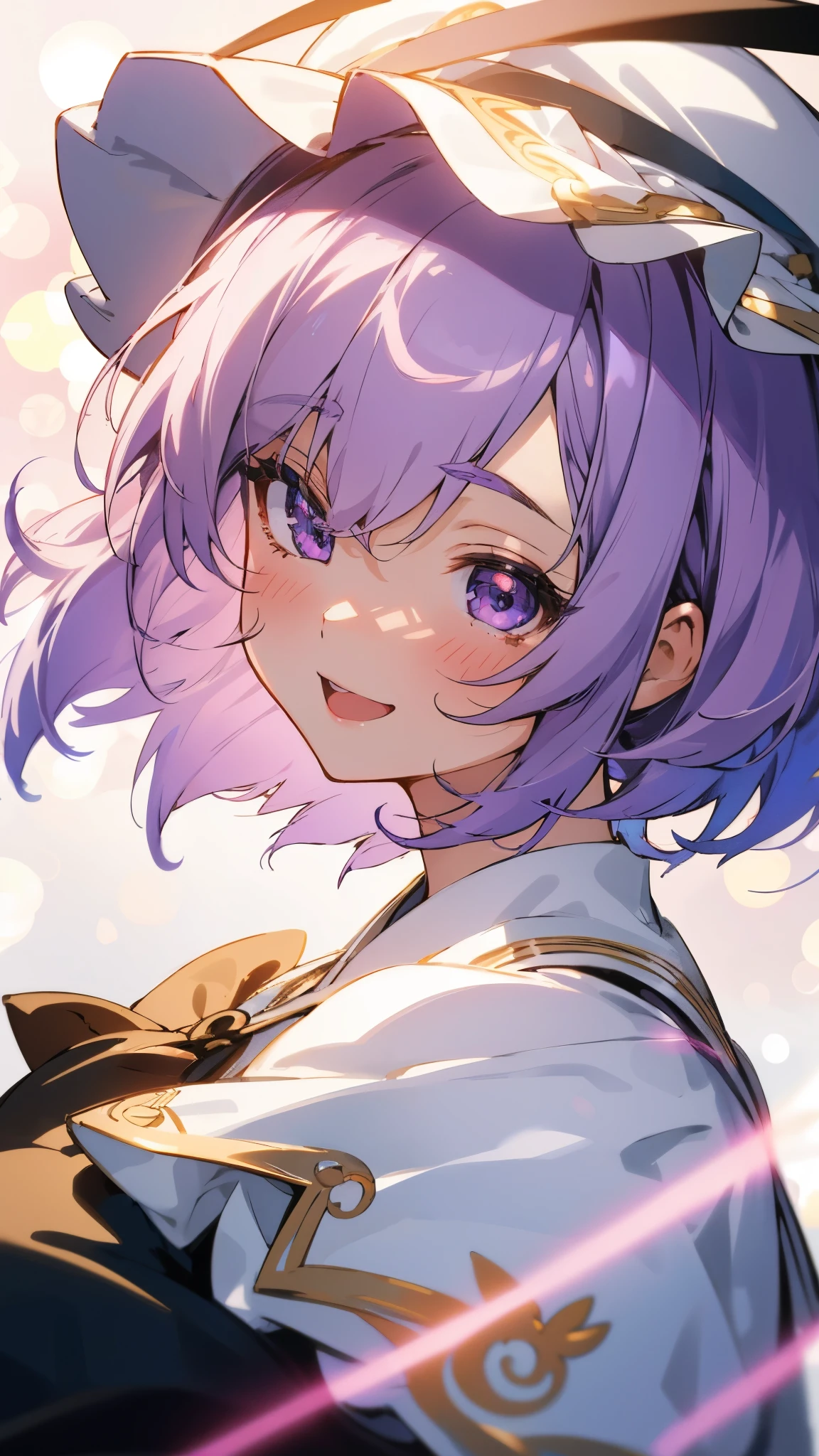 1 girl、8k、Sharp focus、(Bokeh) (highest quality) (Detailed skin:1.3) (Intricate details) (anime)、Yuitsuki Yukari、Light purple hair、short hair、(Hair between the eyes) )、Upper body close-up、Laughter