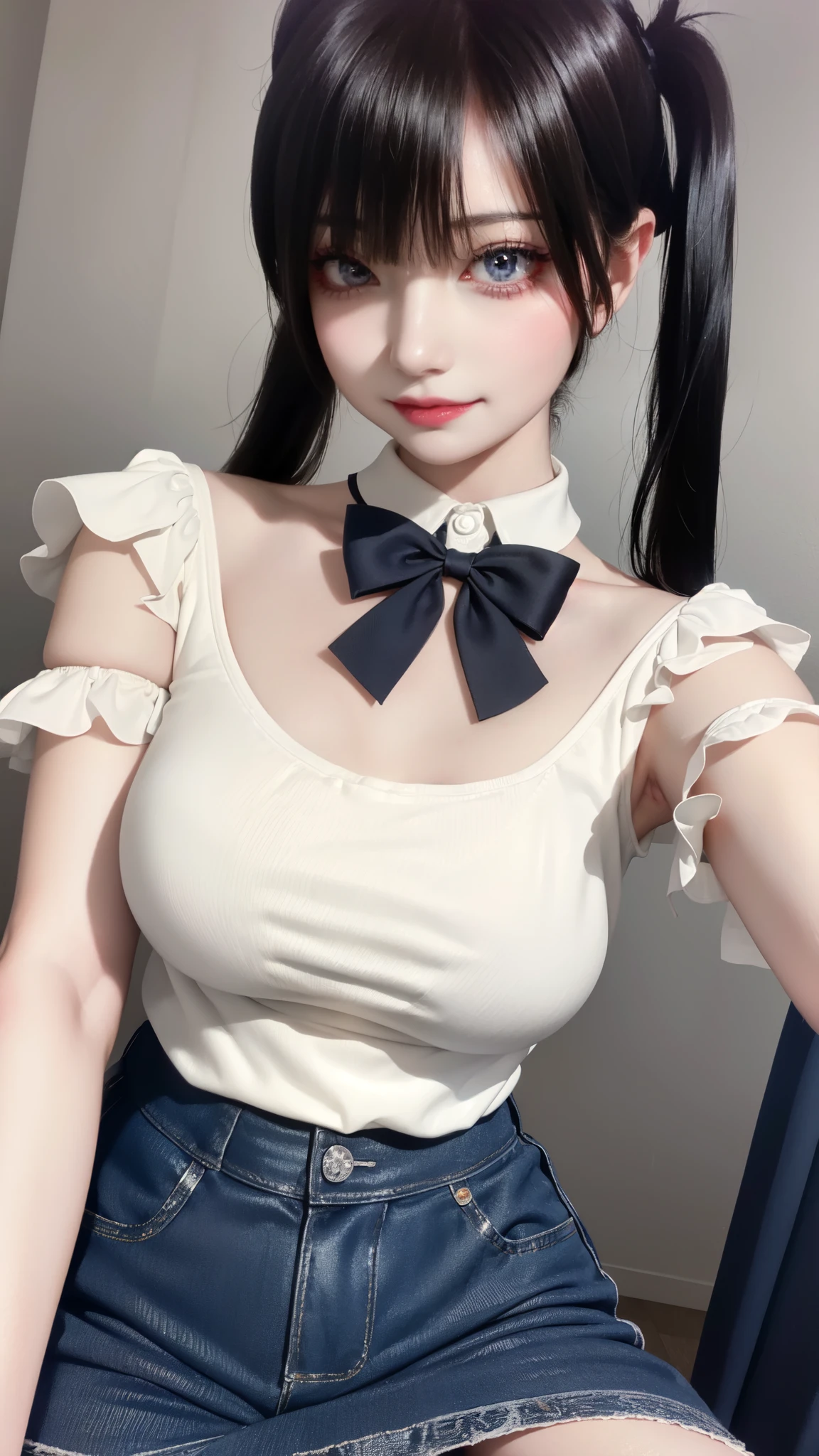 Volumetric lighting in a car at night, bangs, Both sides up, Detailed eyes, Malicious grin, Black Hair, Twin tail hair, Sexy eyes that make you think, Beautiful plump lips, Big ample breasts, Exposure, Wide Hips, Big Lips, (highest quality, Amazing details:1.3), (alone:1.3), Tabletop, (Extremely detailed 8K CG), Gal, Decora, smile wickedly, Dynamic Angle, Denim skirt, car, driving, Gorgeous, Shiny top, Shiny tops, (Pleated skirt)、yandere、Mine Make-up、Landmine Girl、(Realistic depiction:1.5)