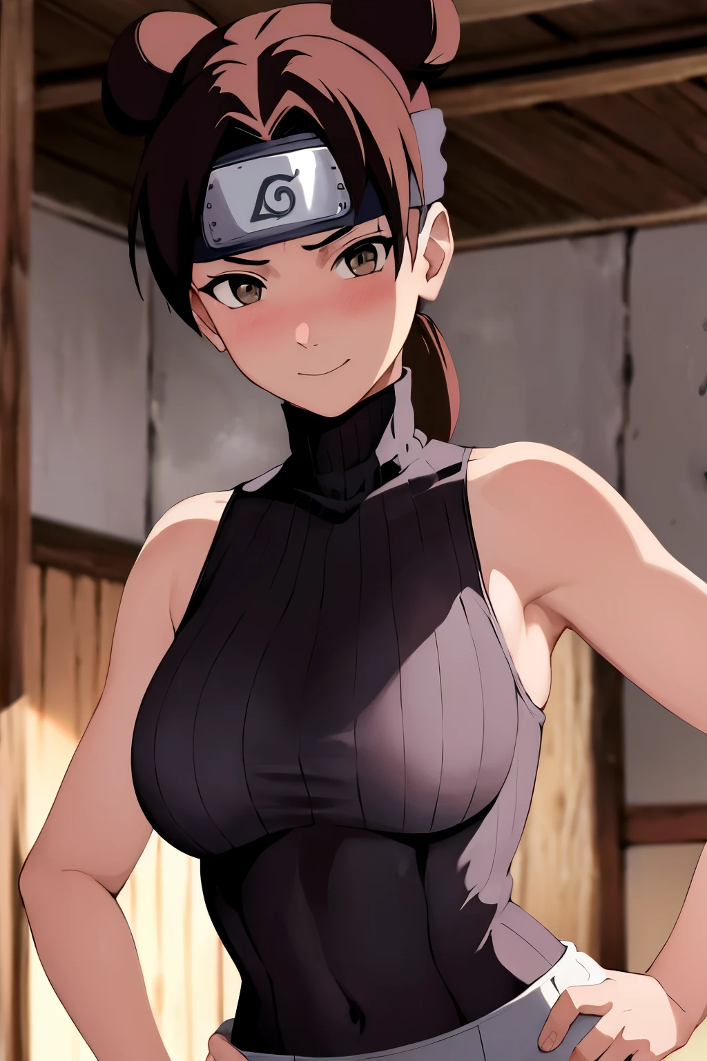 masterpiece, absurdres , (intricate details), (colorful),cinematic lighting,bust shot,extremely detailed CG unity 8k wallpaper,tenten\(shippuden\), 1girl, solo, ((white sleeveless turtleneck)), (large breasts), hand on hip,forehead protector, konohagakure symbol, headband,  looking at viewer, (village street), charming smile, ((slim waist)), ((blushing)),