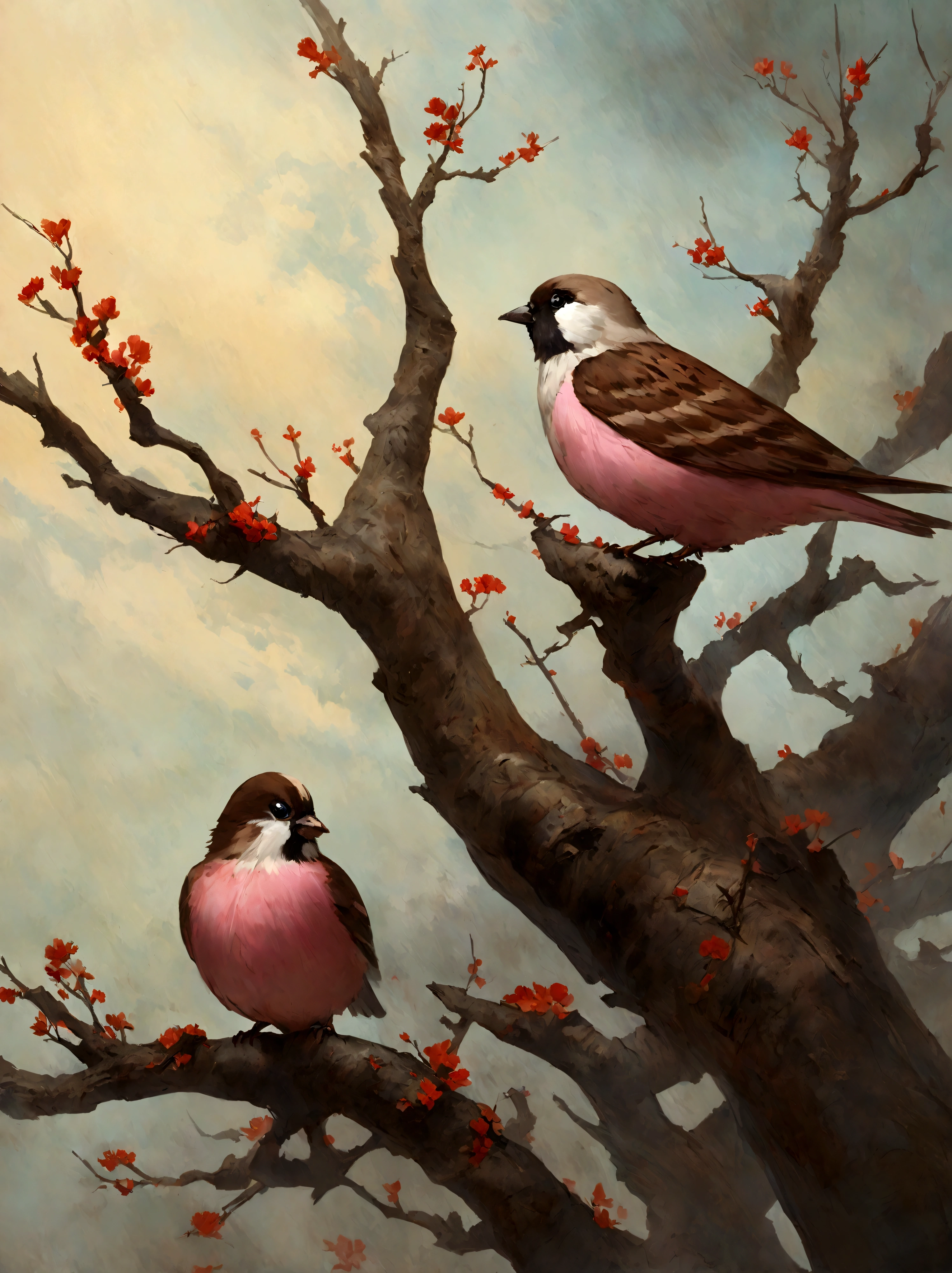 painting of a bird with a pink breast sitting on a branch, a pastel by David Park, Artstation, fine art, painted in acrylic, oil painted, oil painting!!!, acrylic, “ painting, acrylic painting, oil on board, covered in oil painting, beautiful!!!!!!!!!, acrylic and oil painting, very stylized, an oil paiting of a sparrow