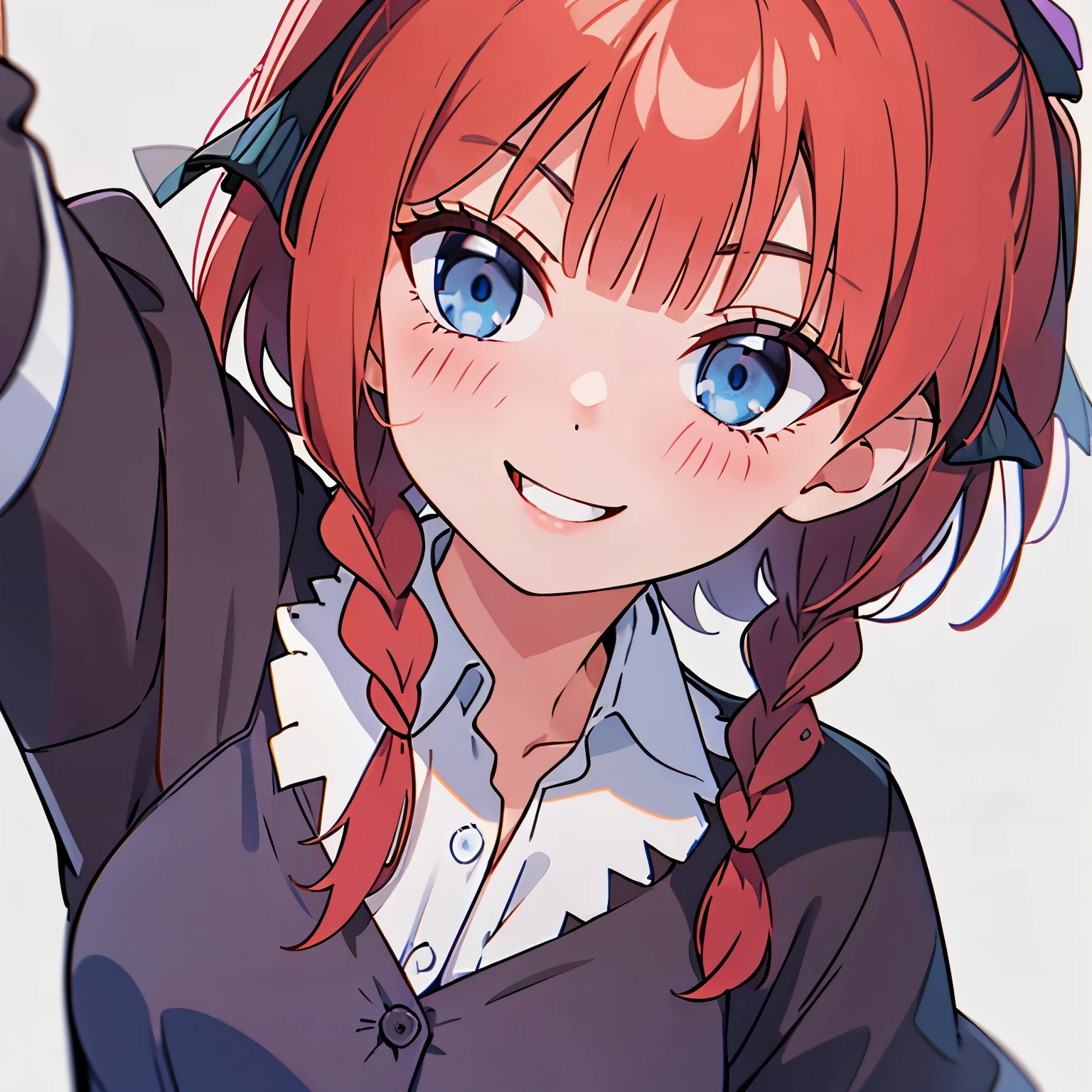 1littlegirl, short red hair, twin braids, blue eyes, dress shirt, cheerfull smile, solo, best quality, masterpiece, portrait, simple background, looking at the camera, from the front, 1result, vibrant, detailed, perfect anatomy, detailed art, high definition, 4k, high resolution, nino nakano, hair ribbon