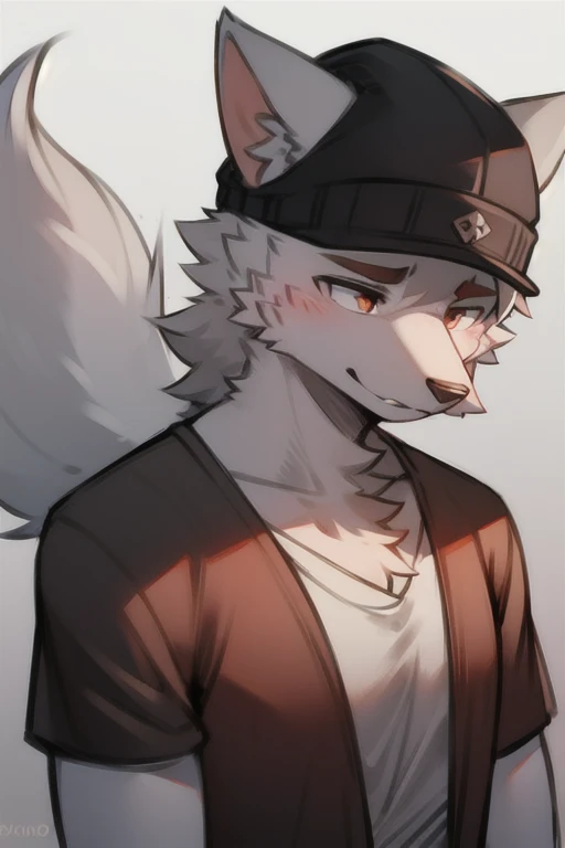 Un lobo ((blanco)) con una camisa ((of understanding)) y con un gorro ruso