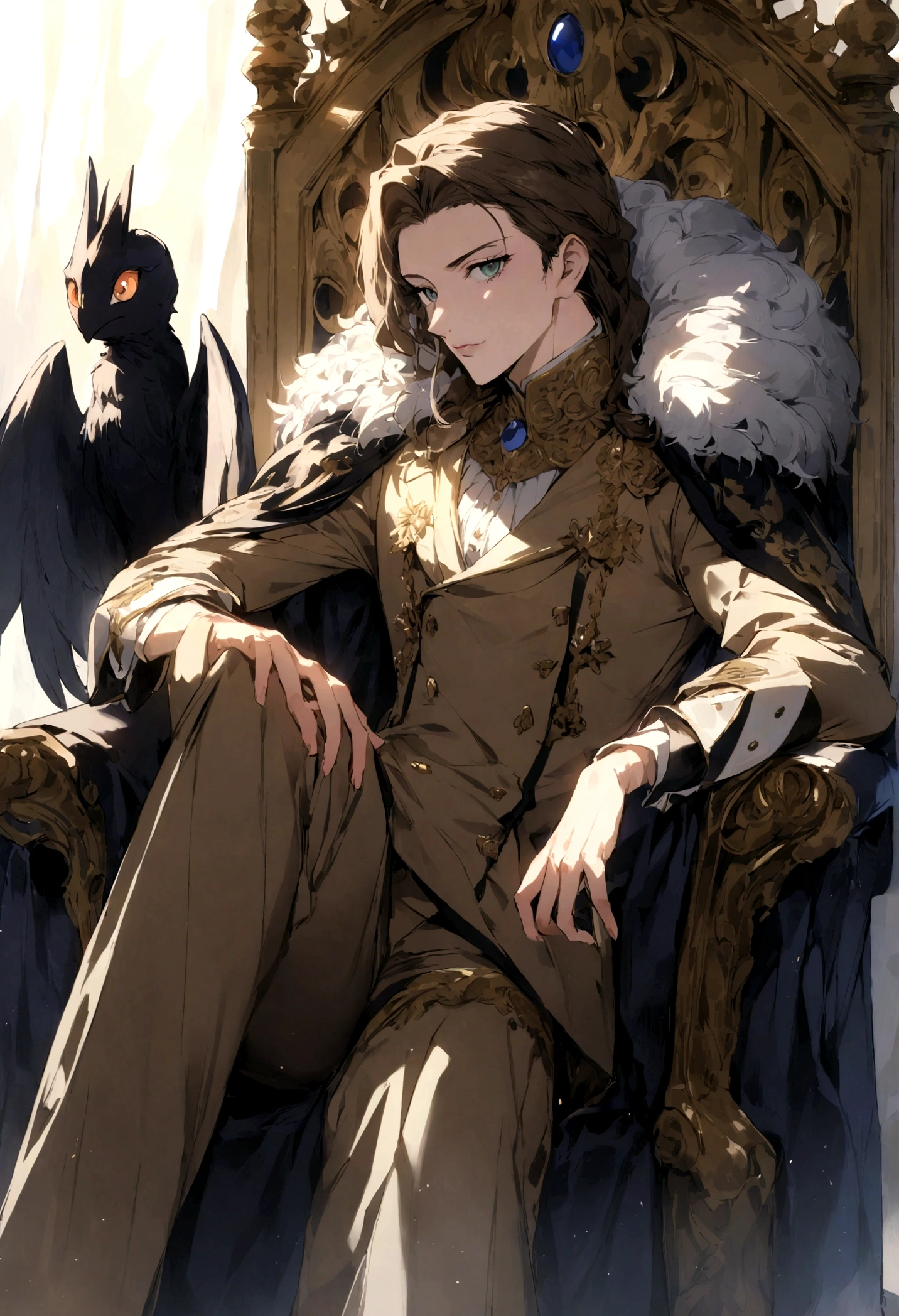A Dutch prince with brown hair sits on a royal throne with a dark creature, traje imperial neerlandes, ojos grises