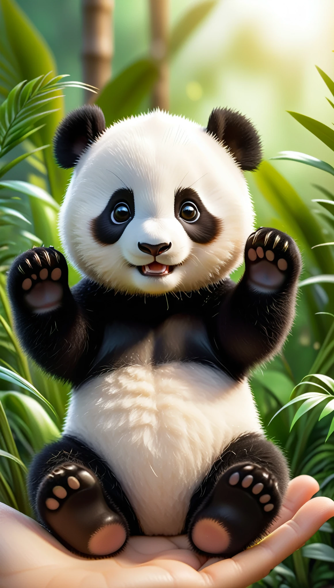 A real panda cub, holding its hands up in the palm of your hand, is sitting in it with black and white fur, a cute baby face, looking at you curiously, surrounded by green plants, a blurred background, natural light, warm colors, in the style of Pixar, 3D rendering, high definition photography, super detailed, high resolution.