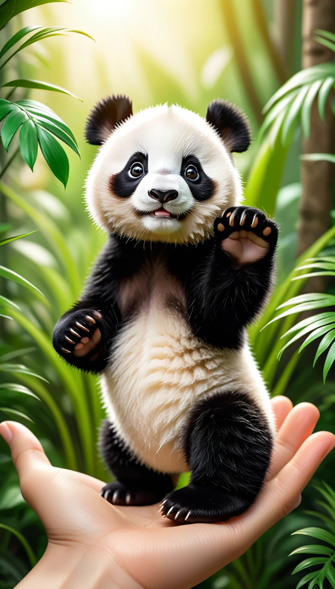 A real panda cub, holding its hands up in the palm of your hand, is sitting in it with black and white fur, a cute baby face, looking at you curiously, surrounded by green plants, a blurred background, natural light, warm colors, in the style of Pixar, 3D rendering, high definition photography, super detailed, high resolution.