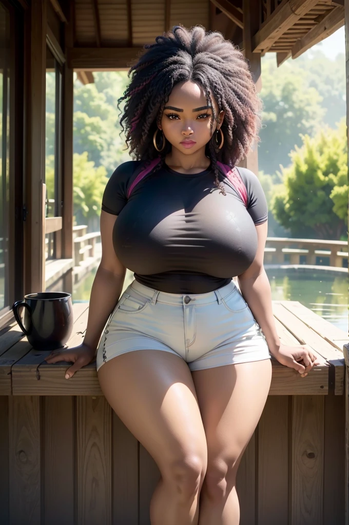 ((Peau claire africaine, Métis ebony skin)), College Student !, T-SHIRT BLANC, DANS UN CADRE NATURE, LIVRE A LA MAIN, TIEN UN LIVRE, LIVRE DANS SA MAIN, (standing in front of a pond at a park), ((Its beauty is undeniable)), ((Excited cute face)), ((Hyper-detailed perfect eyes,)), (belle lunette), (entrepreneuse), ((Tight mesh shirt, shorts courts ????)), ((Afro African long curly,)), ((vue de face)), ((bureau, assise)), Sharp Focus CGI, photoreallistic, High detail, Realstic, Masterpiece, Best quality, Hdr, High quality, high-definition, Extremely detailed, 8k wallpaper, Intricate details, 8K UHD, Full-HD, (photo realist:1.2), contraste, intense illumination, lighting cinematic, natural lighting, hard light, contre-jour, Illumination globale, occlusion ambiante,