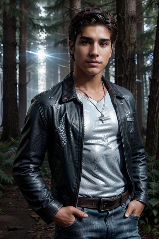 Henry Zaga, Josh Diaz, Teen Wolf, 18 years old, short messy brown blonde hair, light blue eyes, silver shirt, black jeans, silver leather jacket, black belt, silver lightning bolt pendant, white claw print Forest in the background with fog around in black color.