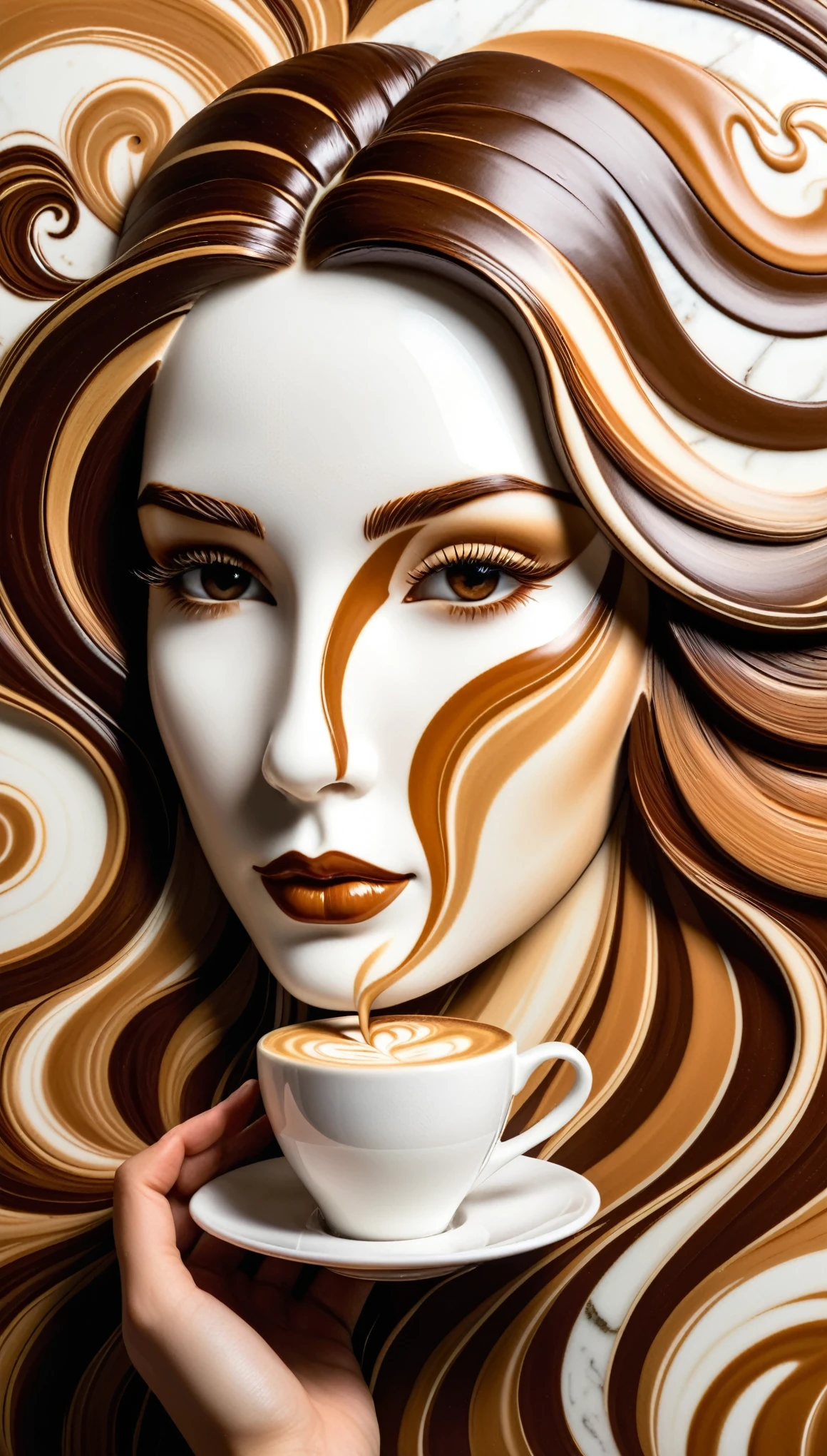 A latte art masterpiece featuring the face of an elegant woman with flowing hair and intricate patterns in shades of brown and white. The cup is set on a sleek marble surface, creating a luxurious ambiance that adds to its allure. This stunning creation symbolizes creativity, beauty, and contemporary style, with a focus on facial features. The artwork is in the style of a contemporary latte artist.