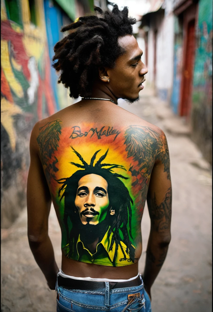 A young man who dreams of becoming a reggae star has a portrait of Bob Marley tattooed on his back