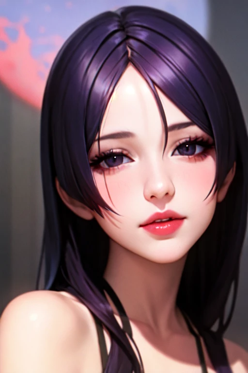 One girl, Beautiful Face, ((black eye)), Purple Hair、Sexy pose, Red moon in the background, performer, space, (Lightroom:1.13), Soft Light, (Natural skin texture:1.2), (Hyperrealism:1.2), Sharp focus, Concentrated,[[Realistic]]