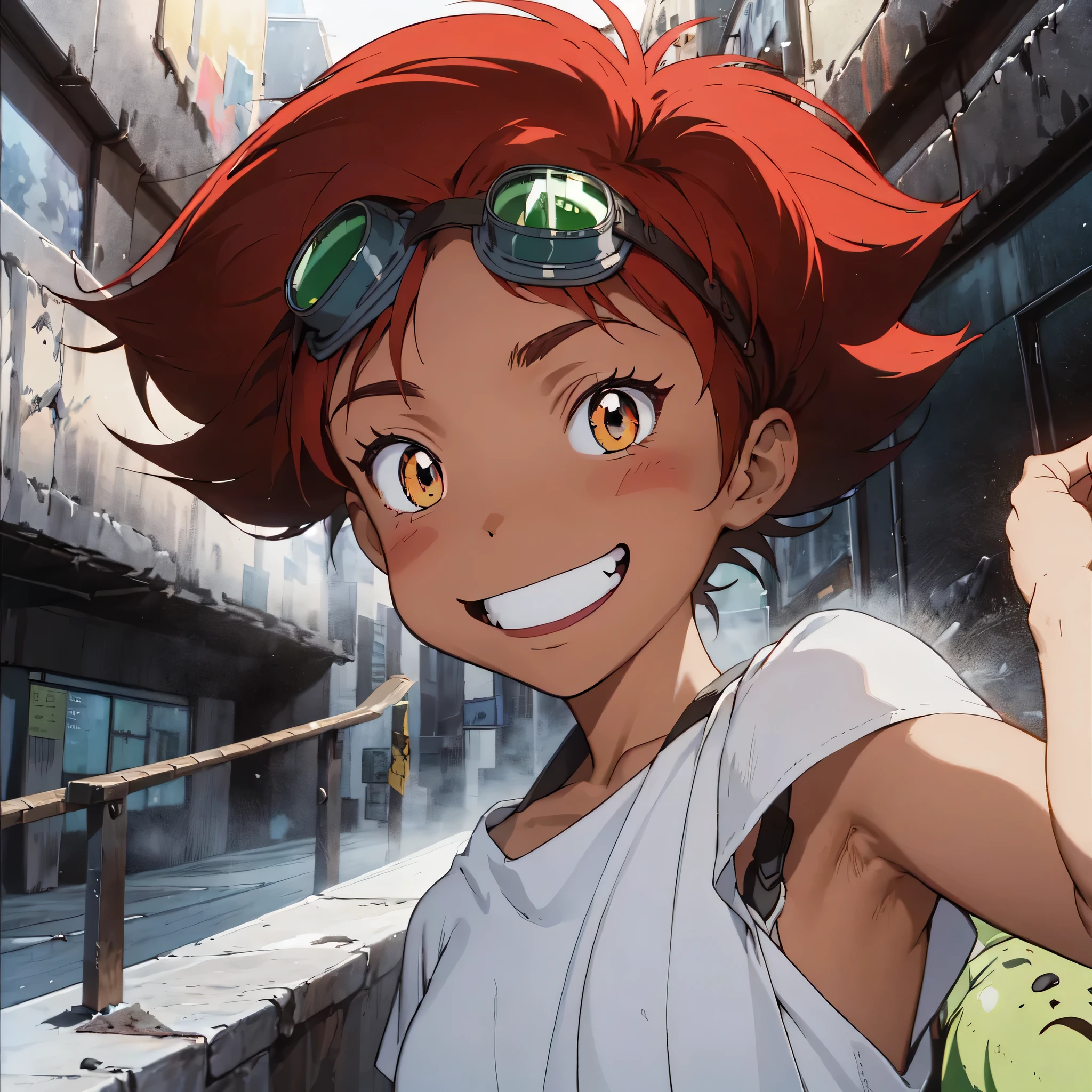 (Radical Ed:1.5), (Edward Wong Hau Pepelu Tivrusky IV), red hair, (Green goggles), white shirt, A once-in-a-millennium masterpiece, A photo you will never get again, Inexplicable high resolution, The cutest girl in the world, Ultra high definition eyes, Eyes that seem to draw you in, Jewel-like eyes, Extreme close up, very slender, clavicle, 13-year-old, spaceship on the background, blue sky, grin, shoulder