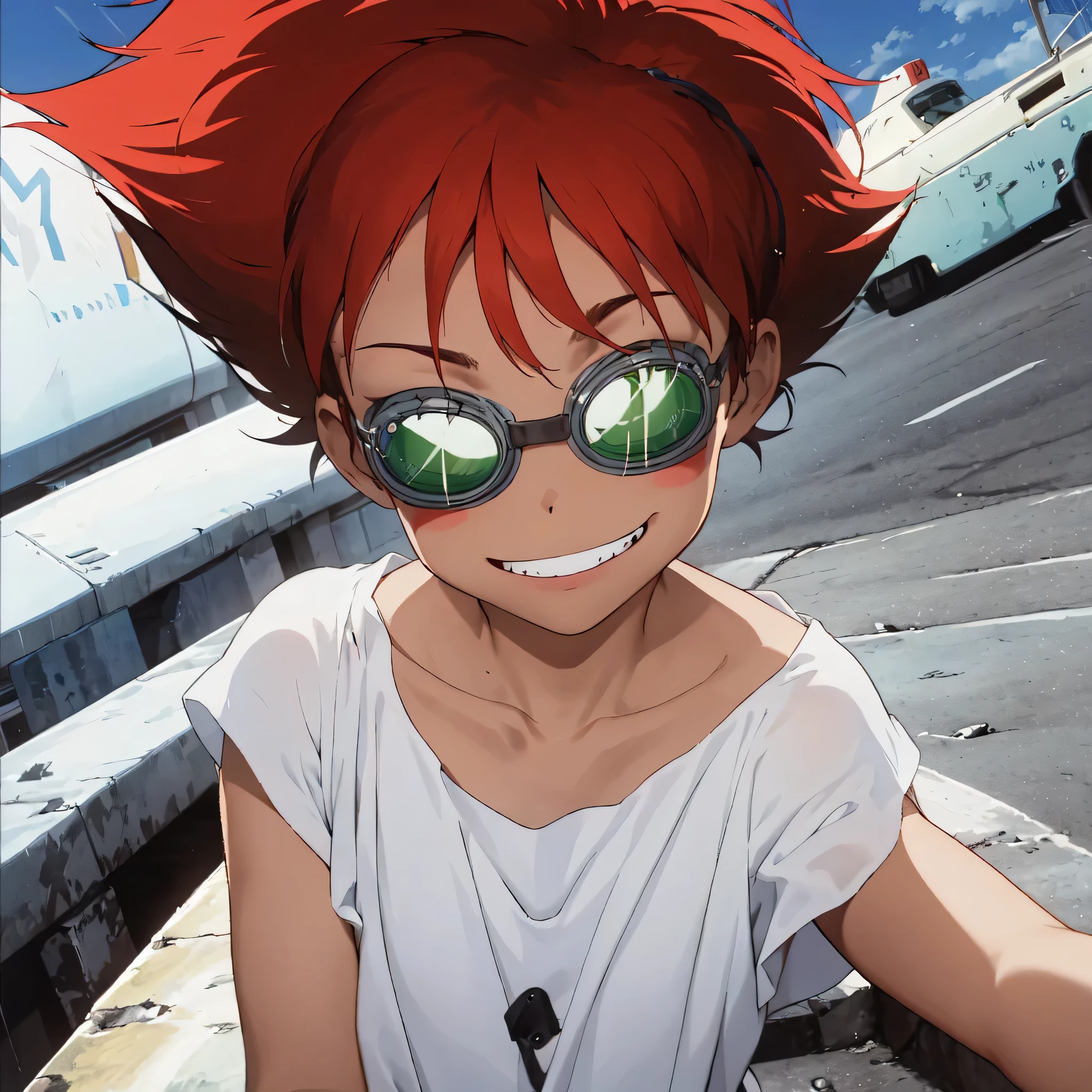 (Radical Ed:1.5), (Edward Wong Hau Pepelu Tivrusky IV), red hair, (Green goggles), white shirt, A once-in-a-millennium masterpiece, A photo you will never get again, Inexplicable high resolution, The cutest girl in the world, Ultra high definition eyes, Eyes that seem to draw you in, Jewel-like eyes, Extreme close up, very slender, clavicle, -yeld, seship on the background, blue sky, grin, shoulder