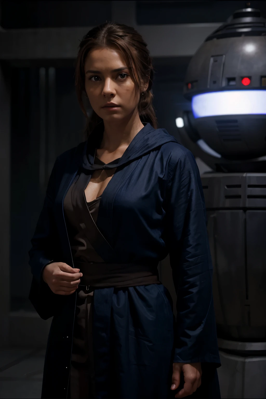 A badass female jedi master is slim fitting robes mediating she has brown hair a scared face a robotic wrist in the background is a dark planet she has an bronzed skin tone and her robes are black and navy blue