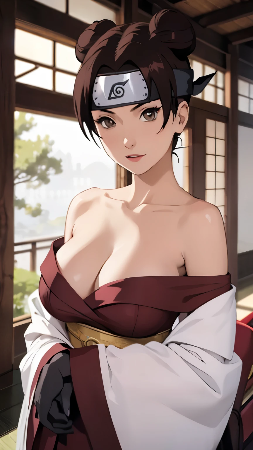 （tmasterpiece），one-girl，little breast，(Be red in the face)，Redlip，cleavage，(Off-the-shoulder attire:1.2)，Bust photo，Naruto，Long-lasting forehead protection，white  clothes，looks into camera，sportrait，ssmile，Japanese-style ancestral hall，large gate，SakuraNS，4k quality，The most beautiful face，White skin of the，tian zi