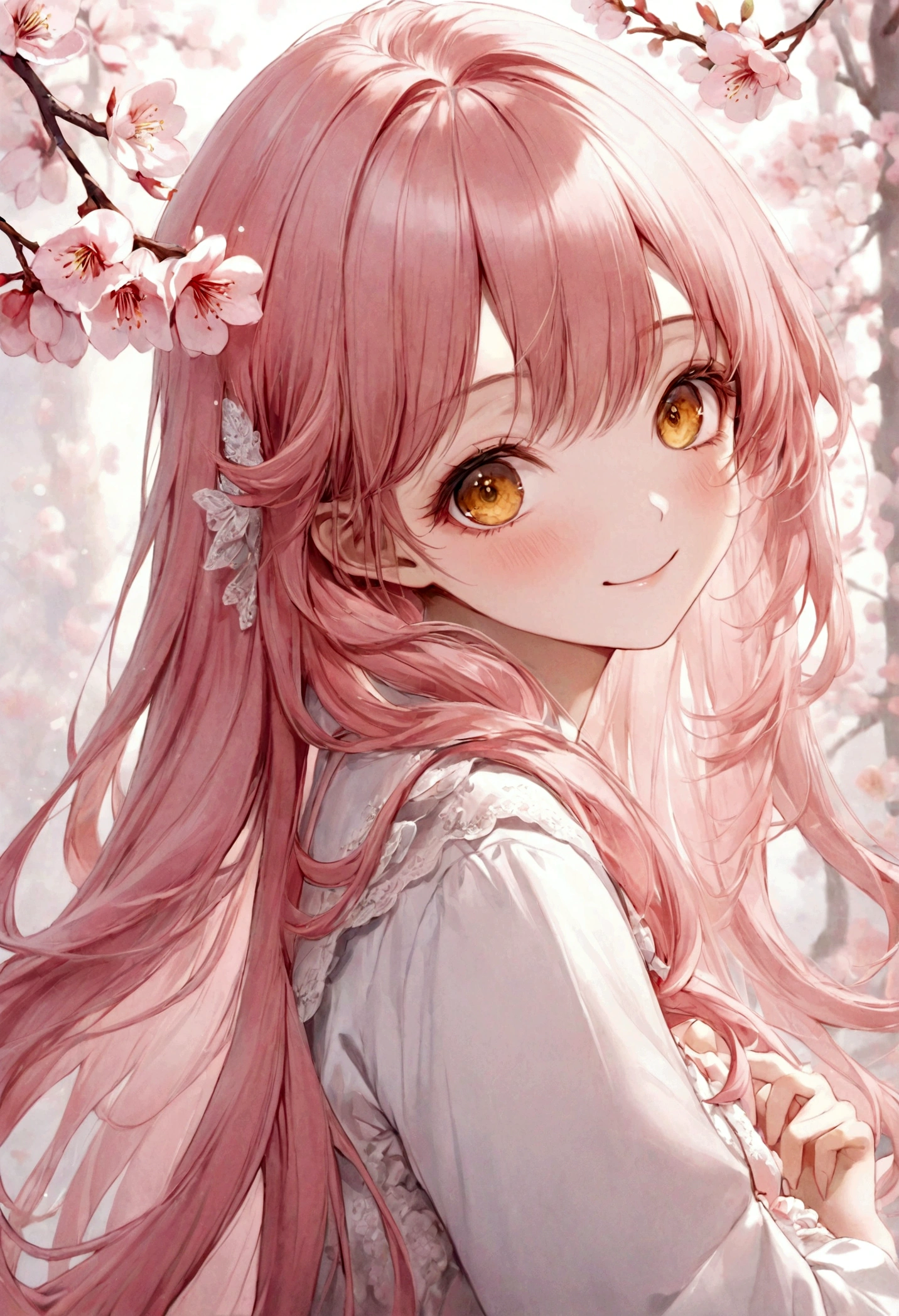 ((top-quality)), ((masterpiece)), ((ultra-detailliert)), (extremely delicate and beautiful), pink hair, peach blossoms, long straight hair, golden eyes, pretty girl, innocent, pure, smiling