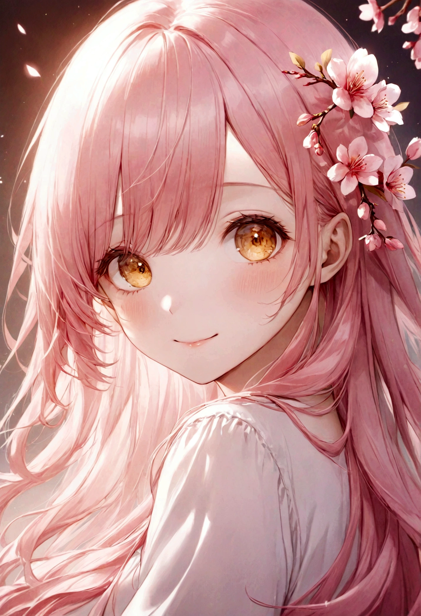 ((top-quality)), ((​masterpiece)), ((ultra-detailliert)), (extremely delicate and beautiful), pink hair, peach blossoms, long straight hair, golden eyes, pretty girl, innocent, pure, smiling