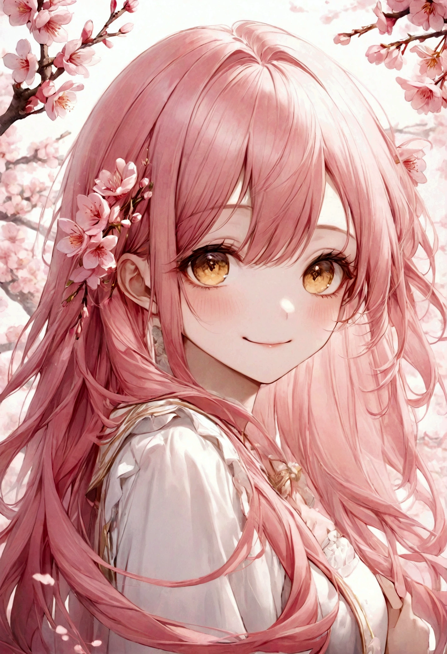 ((top-quality)), ((​masterpiece)), ((ultra-detailliert)), (extremely delicate and beautiful), pink hair, peach blossoms, long straight hair, golden eyes, pretty girl, innocent, pure, smiling