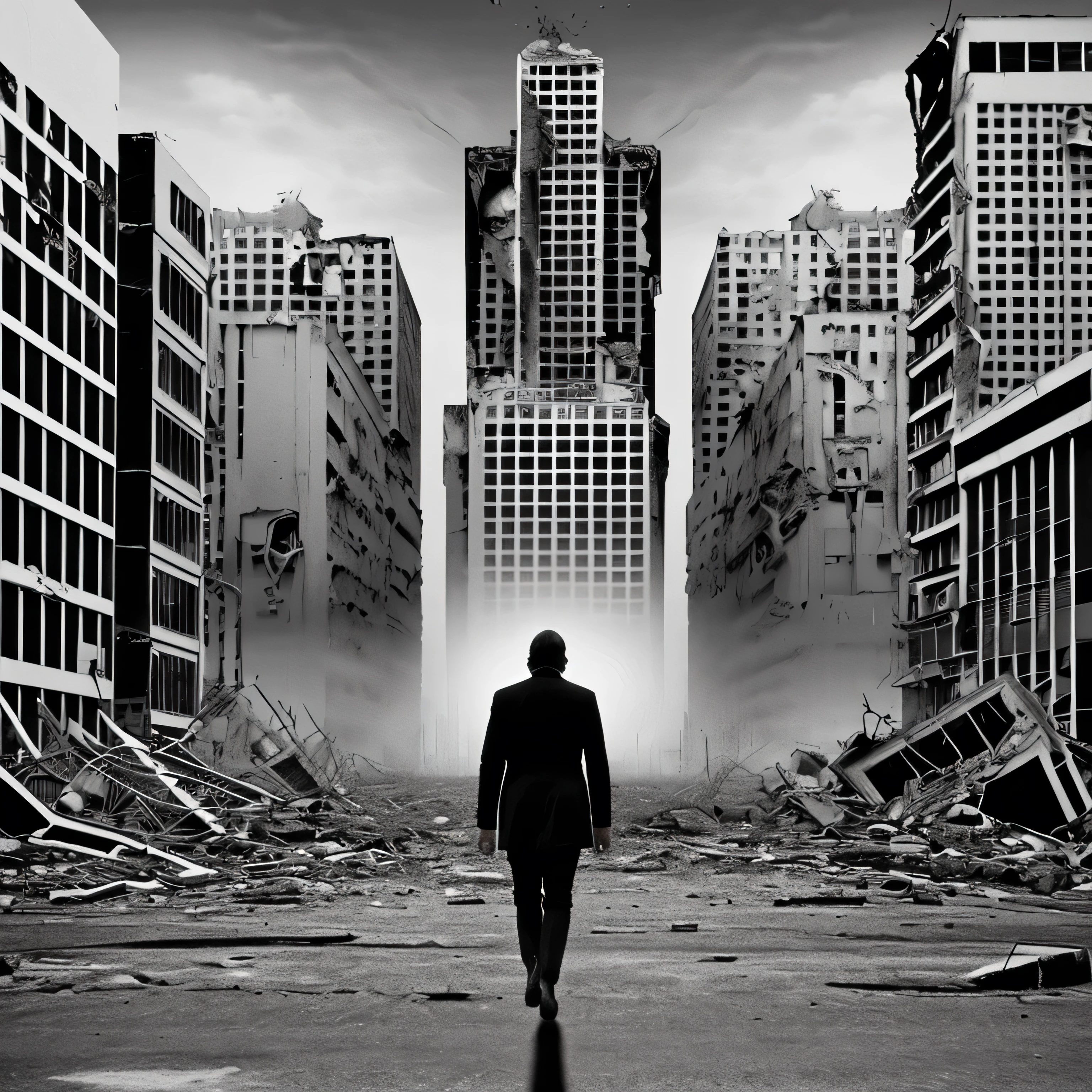 un primer plano de una persona caminando en un ciudad destruida, Grid montage of a person walking in a destroyed city,ilustracion blanco y negro al estilo de john baldessari