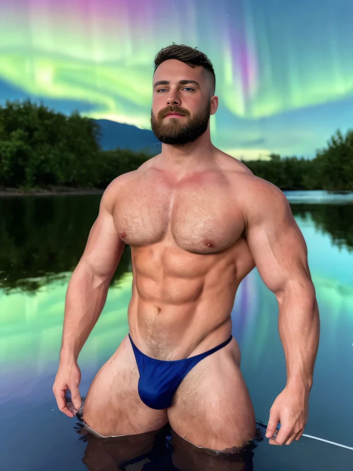 Best quality, masterpiece, ultra high res,detailed background,realistic,solo,male, boy, micro thong, young muscular man,topless,muscular, young male,thick thighs,short hair,undercut,short hair,on water,reflected mirror,rainbow light, Bubble Swirling, wind Swirling, Aurora, fantasy scenery,depth of field,