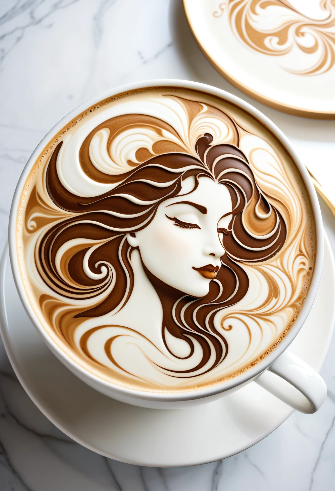 An art nouveau inspired latte design featuring the face of a woman with flowing hair, drawn in intricate patterns on top of coffee foam. On a white marble table, the latte art showcases the detailed and elegant lines that create the female figure's profile within swirling milk shapes, in the style of art nouveau.