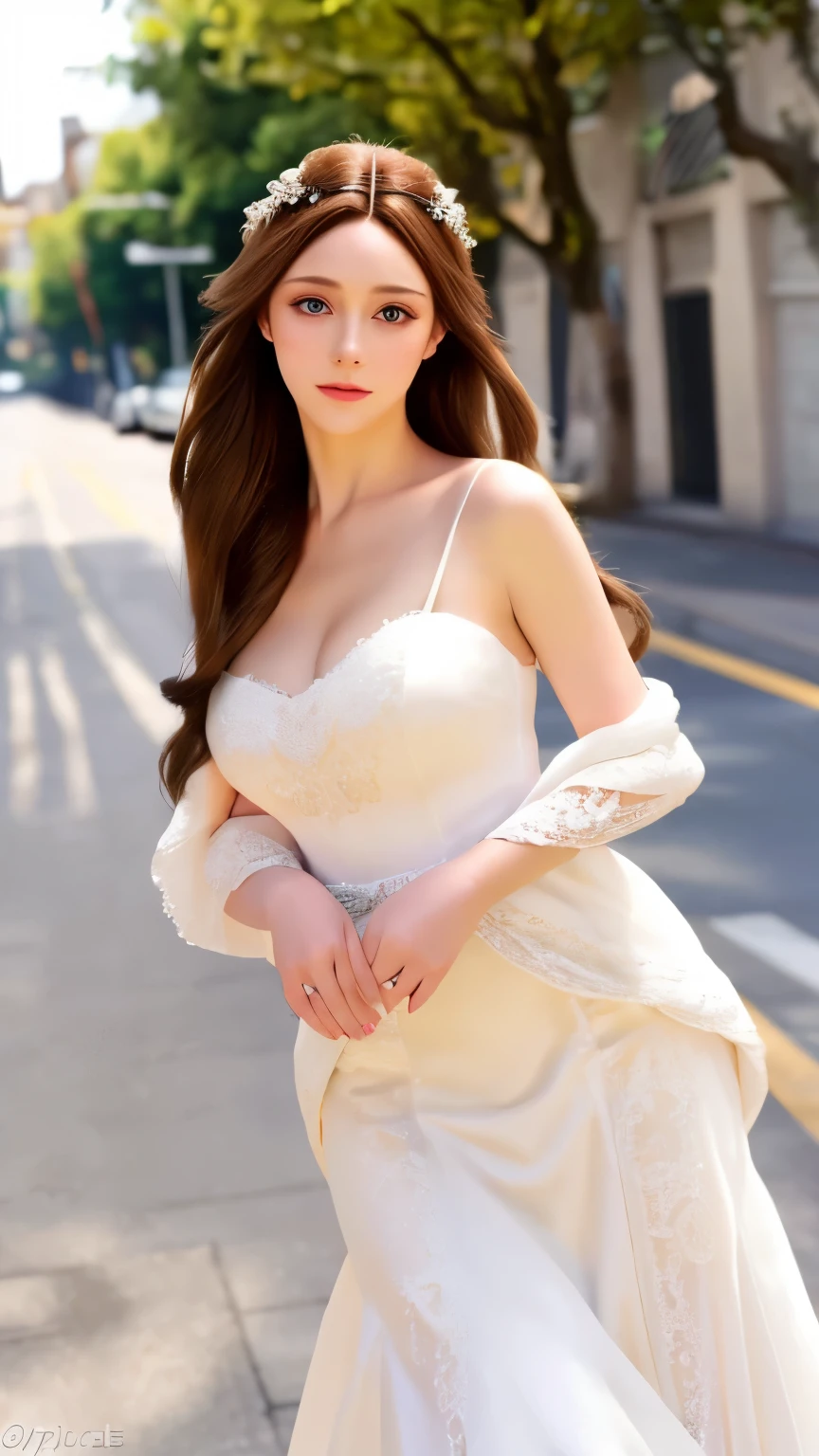 white wedding dress,standing, detailed beautiful woman,1girl,long hair,flawless detailed skin,extremely detailed face,intricate detailed eyes,delicate lips,elegant pose,hyper realistic,photorealistic,8k,ultra detailed,masterpiece,best quality,hyper resolution,ultra realistic,outdoors,in street