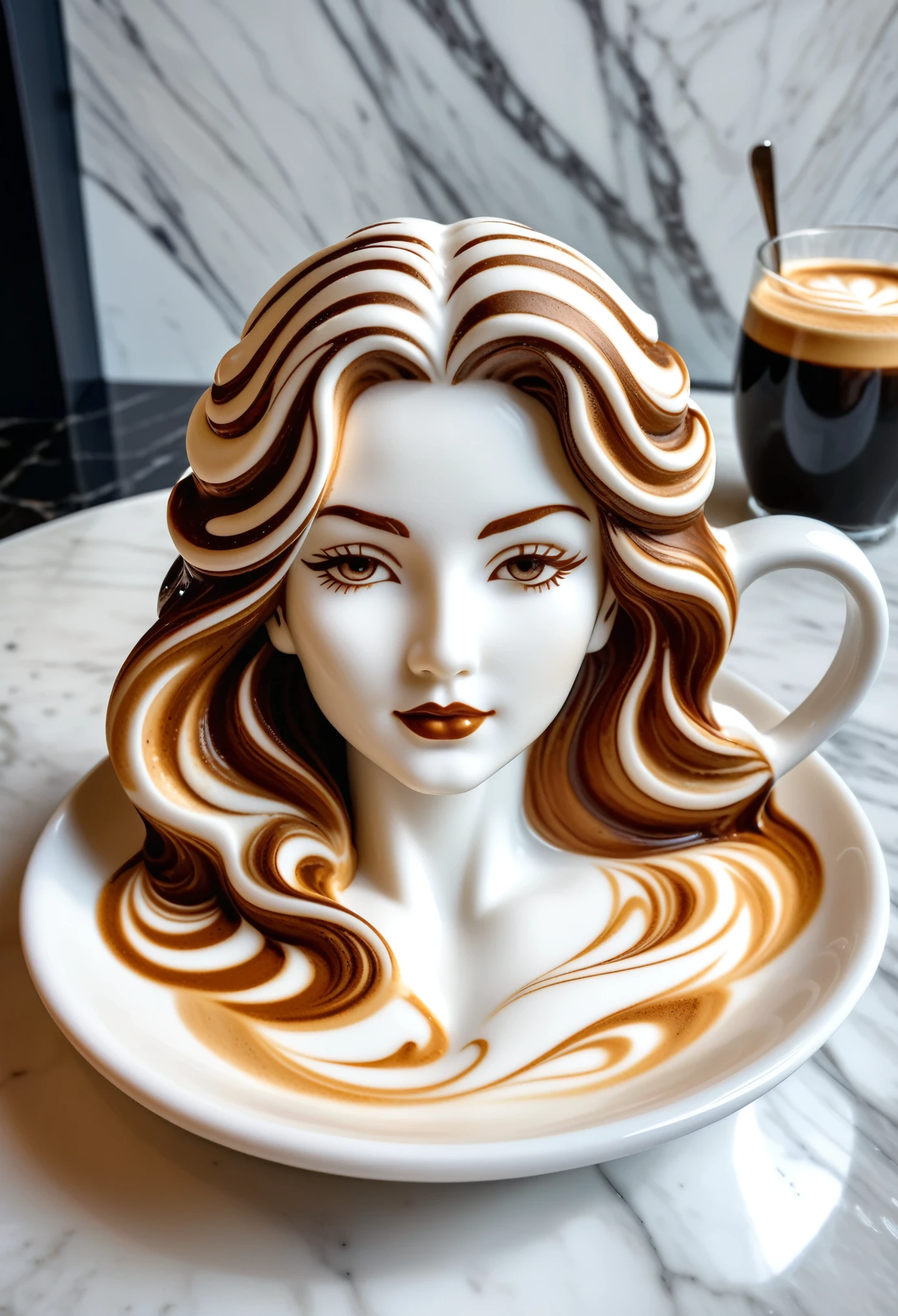 A latte art masterpiece featuring the face of a beautiful woman with flowing hair, crafted in the style of fine foam on top of an elegant white cup and saucer placed gracefully onto a marble surface. The background is softly blurred to highlight the intricate details of the design.