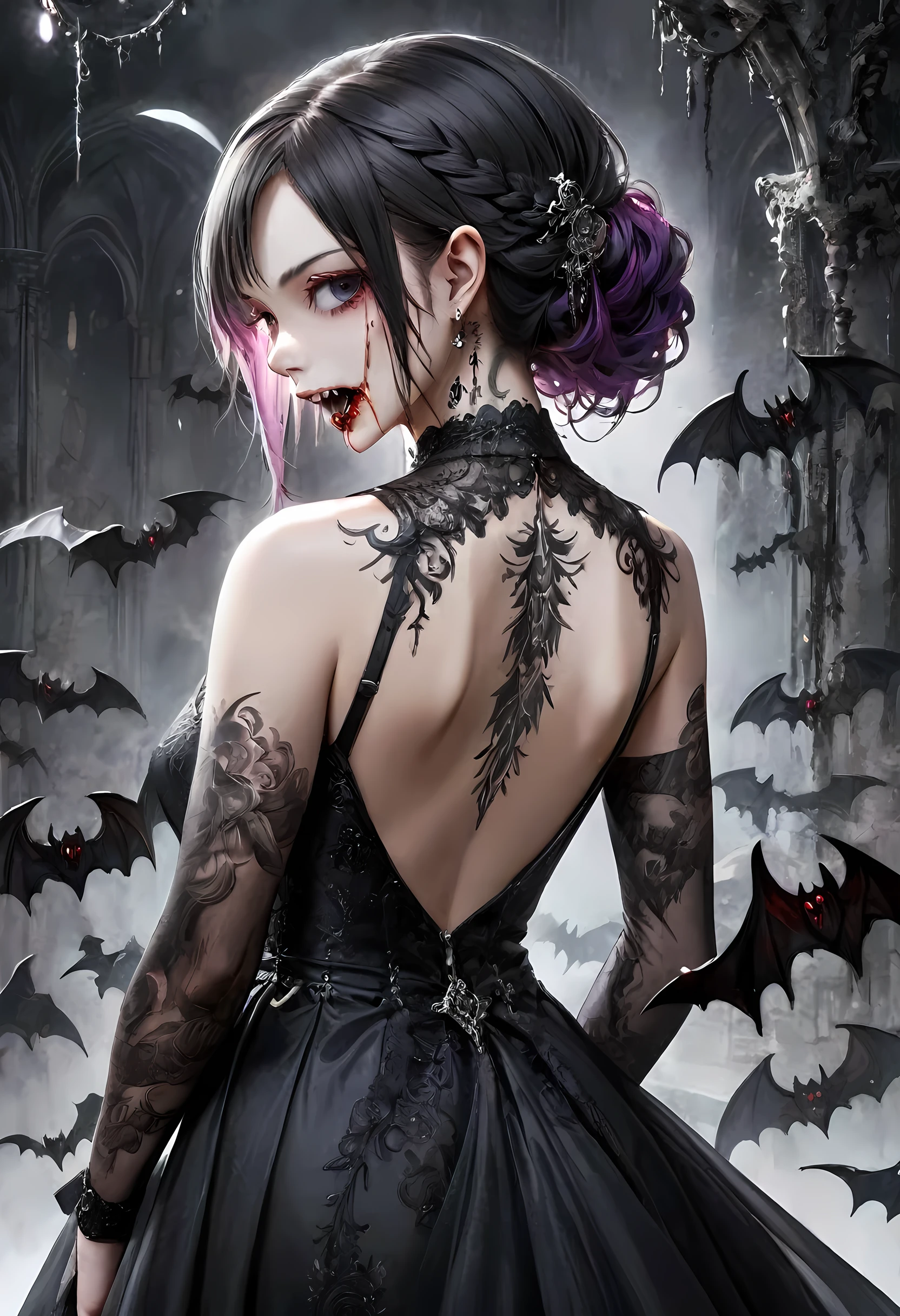 Arafed, Dark fantasy art, fantasy art, goth art, a picture of a ((tattoo: 1.5)) on the back of a female vampire, ((a tattoo of a fanged mouth dripping blood: 1.5)) (intricate details, best quality, masterpiece: 1.5), on the back of the vampire, the tattoo is vivid, intricate detailed coming to life from the ink to real life, shot taken from the back, ((the back is visible: 1.3), she wears a transparent black dress, bare back, the dress is elegant, flowing, gothic style dress, dynamic hair color, dynamic hair style, Dark Art Painting Style, evening dressevening dress