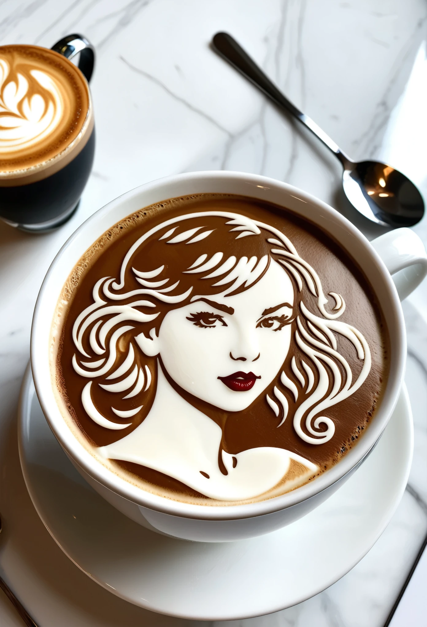 A cup of coffee with latte art depicting the face and hair style of Taylor Swift, placed on top of a white marble table in a cafe. The design is intricate and detailed, showcasing the artist's skill at creating elegant patterns using foam and milk to form her iconic profile. This artistic take meets the aesthetic vision for your social media brand, with the latte art created in the style of Taylor Swift.