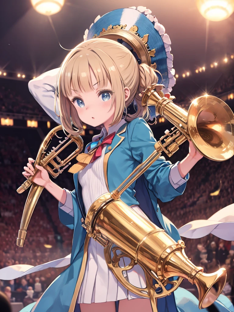 brass band,Brass Instruments,1 girl,((performance)),((Playing a musical instrument)),Light blue clothes,one piece,uniform