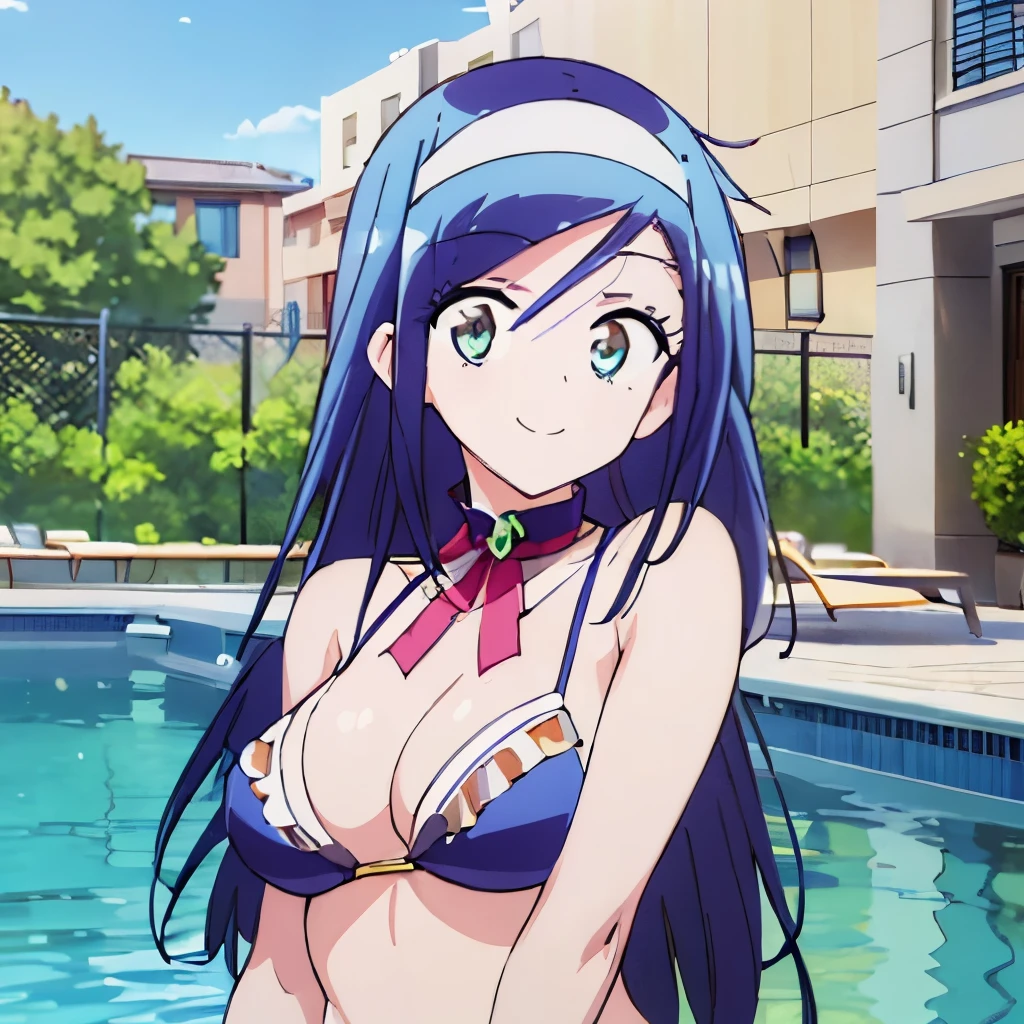 ((masterpiece)), ((best quality)), (ultra-detailed), anime style, pool, a cute girl, 1girl, solo, ((beautiful eyes)), smile, bikini00,