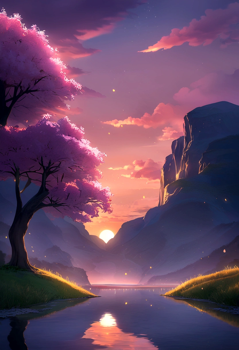 A captivating 3D rendering of a mystical cherry tree dominating a twilight meadow. The tree is adorned with transitions from deep red to soft pink, radiant orange and bluish purple, echoing the stunning colors of the sunset sky. The tree emits a magical glow, with shimmering finishes that seem to contain an inner light. Surrounding the tree is a serene cliff bathed in twilight, with rolling hills and a blue lake reflecting the vibrant sky. Fireflies gracefully dance around the tree, adding to the enchanting atmosphere. The moon reflecting on the tree and the lake. This delicate balance of light and dark creates a mesmerizing scene, evoking the beauty and mystery of a dark fantasy landscape.