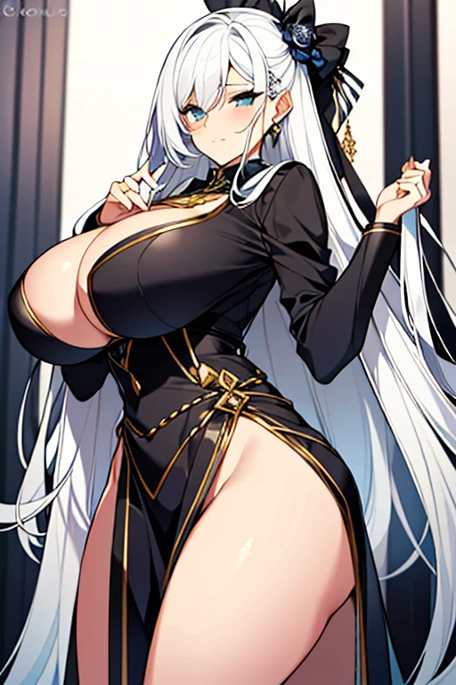 Busty girl with white hair and exotic clothes
