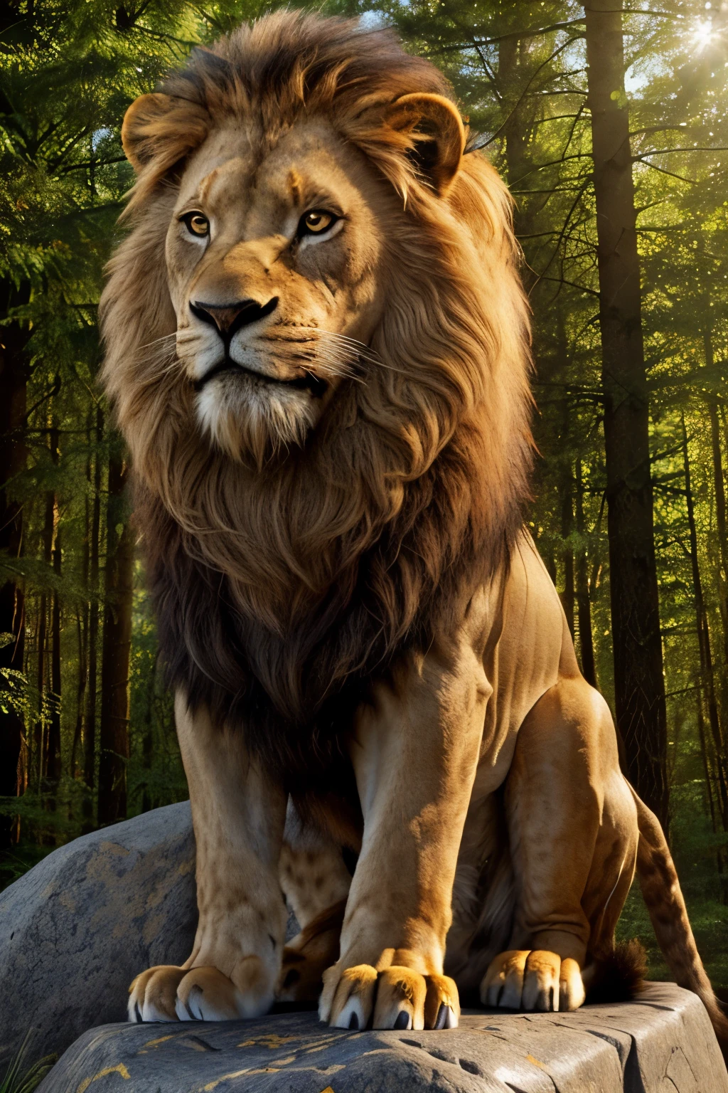 A majestic lion, ((majestic realism)), ((mane of golden luster)), mane of dark orange hues,((lush mane)), mane with black tips, mane of striking contrast, golden yellow mane, sleek mane,((long mane)), ((extra long mane)),((very long mane)), mane that cascades down his broad shoulders, pride of the forest, ((Lion King-esque)), regal pose, powerful stance, ((paw resting on a boulder,)) lounging in the sunlit forest, fur of golden sun rays,((under the sunlit forest,)) majestic portrait in high definition, ((photore