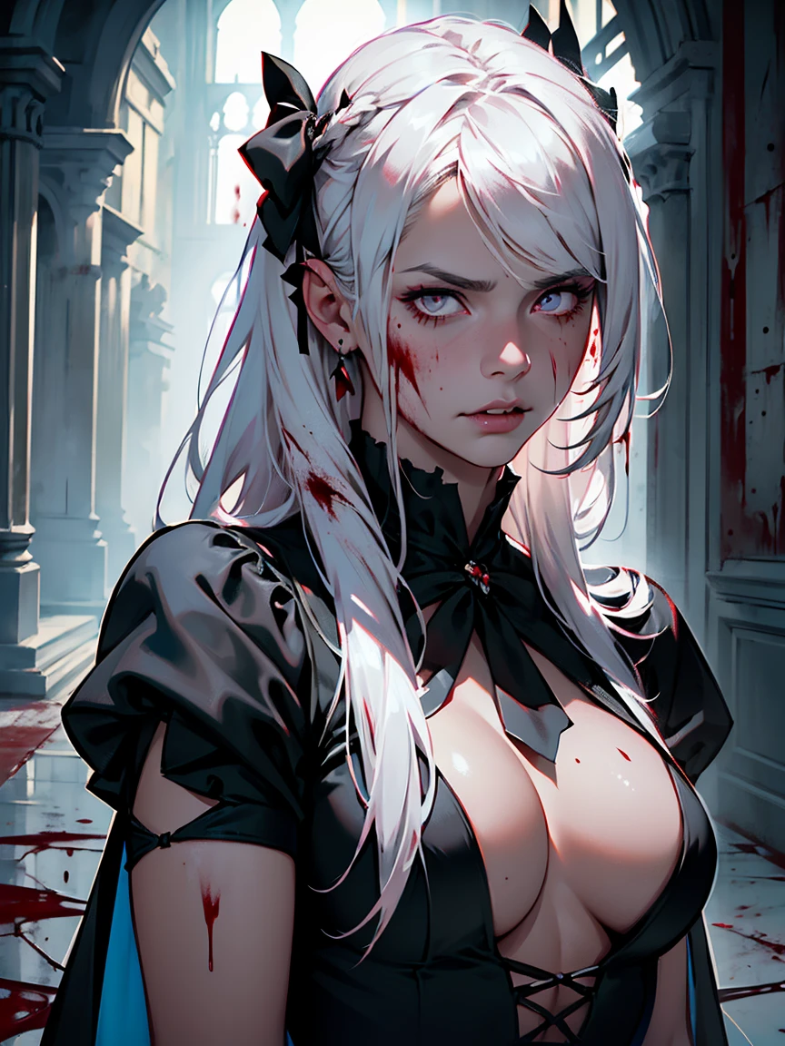 (masterpiece, Best quality, realistic skin, ), 1 Girl, White hair, gloomy mood, Dark Ruins, a vampire, blood spatter, Liquid Makeup, Frightened Face, formal, long hair, shadow, dark photo, Low light, Light pink dress, bows sad face, A dreary look, (a lot of blood on the face), blood on the lips