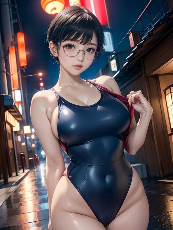 Japanese Idols Mature Woman (short hair) (Pixie Cut) plump Chubby attractive appearance Short brown hair with bangs Rimless Glasses Big eyes Turn your back Bright red rouge lips Duck Mouth Big Breasts Ultra-glossy navy blue school swimsuit Heavy rain at dawn in a cyberpunk cityscape masterpiece humidity (Zoom armpits) Drawing from below Portraiture Low - Angle Beautiful feet Split Squat Wet road surface Sweating profusely