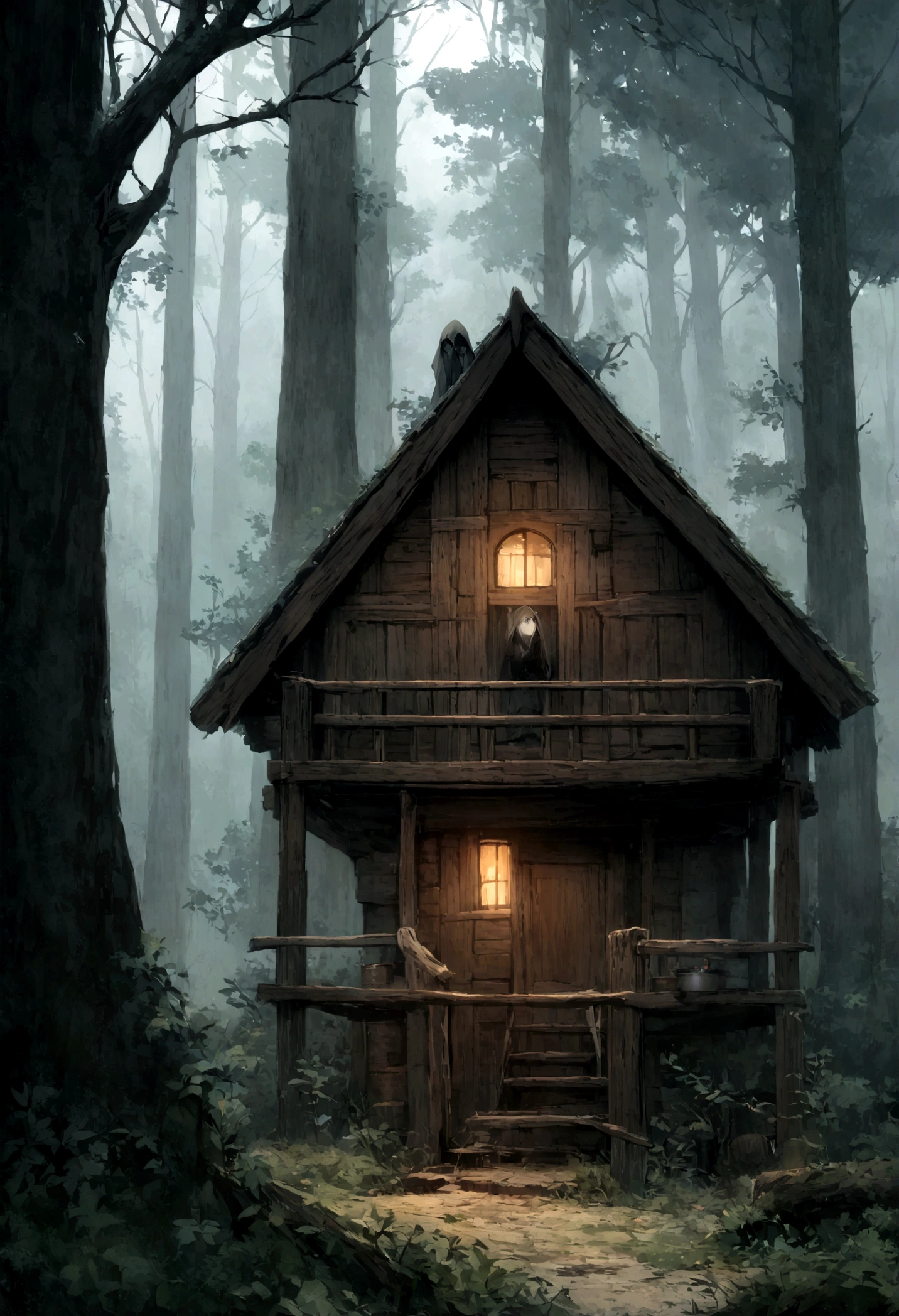 Alone in a cabin house in the middle of the forest, haunted, scary, lonely, stalker in the forest, misty, hidden away, tree house,