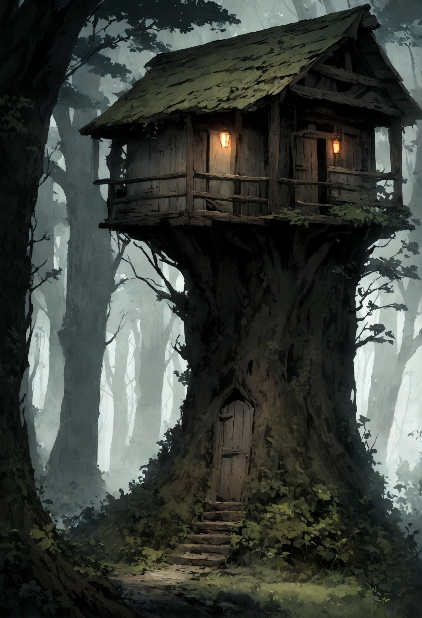 Alone in a cabin house in the middle of the forest, haunted, scary, lonely, stalker in the forest, misty, hidden away, tree house,