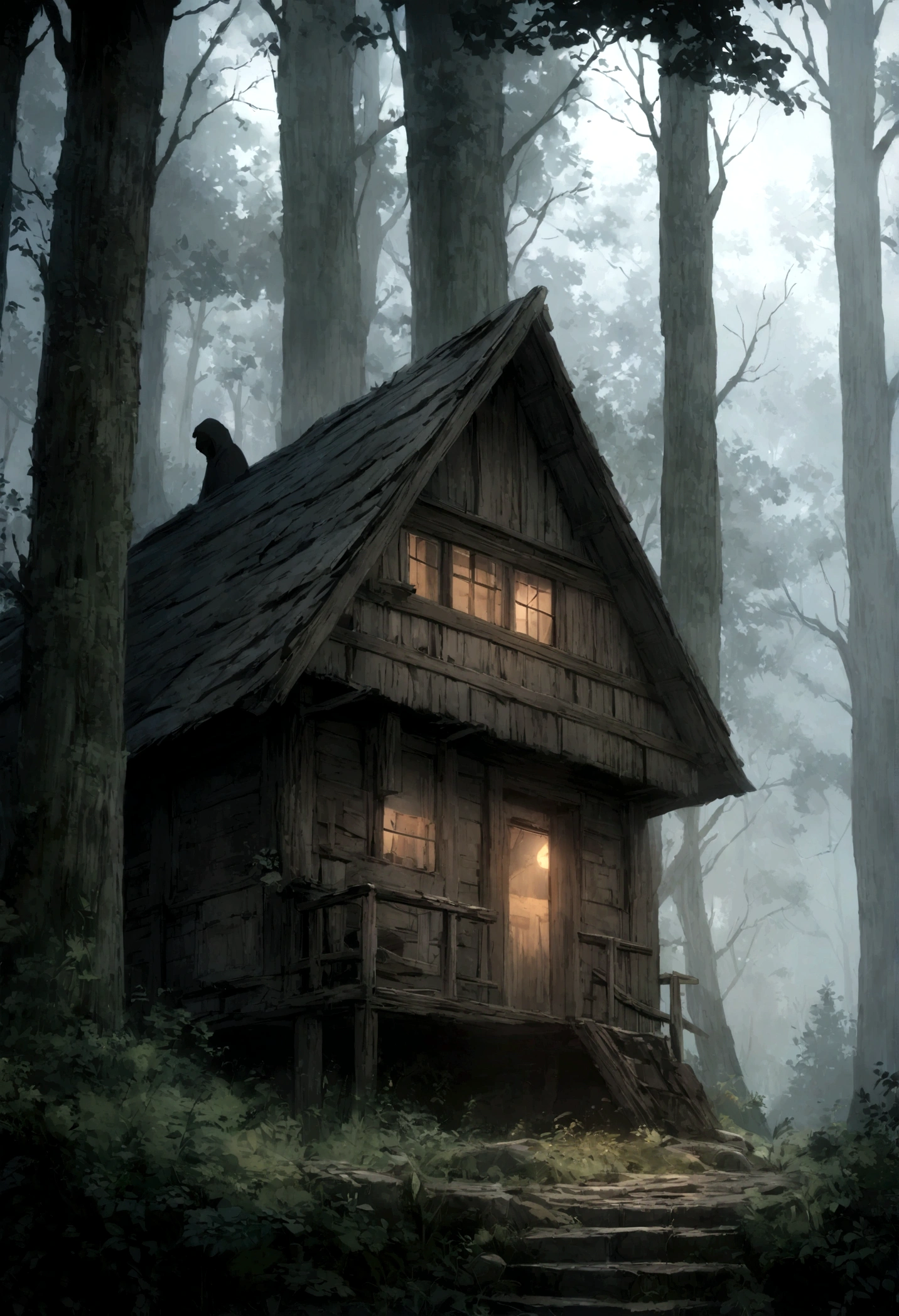 Alone in a cabin house in the middle of the forest, haunted, scary, lonely, stalker in the forest, misty, hidden away, tree house,