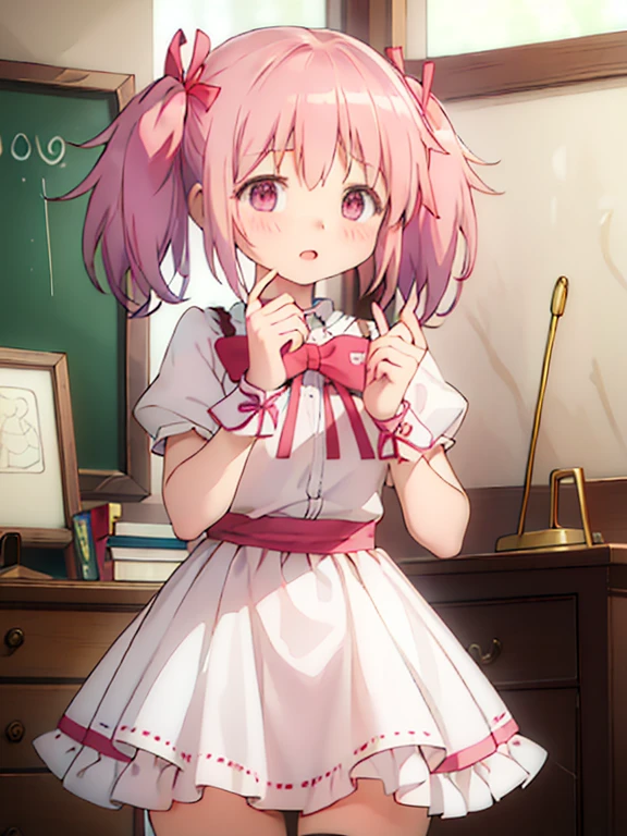 masterpiece, highest quality, Very detailed, 16k, Ultra-high resolution, Cowboy Shot, Detailed face, Perfect Fingers, 15-year-old female,  School, pink_hair, short_hair, twintails, short_twintails, pink_eyes, ribbon, hair_ribbon, bow, blush