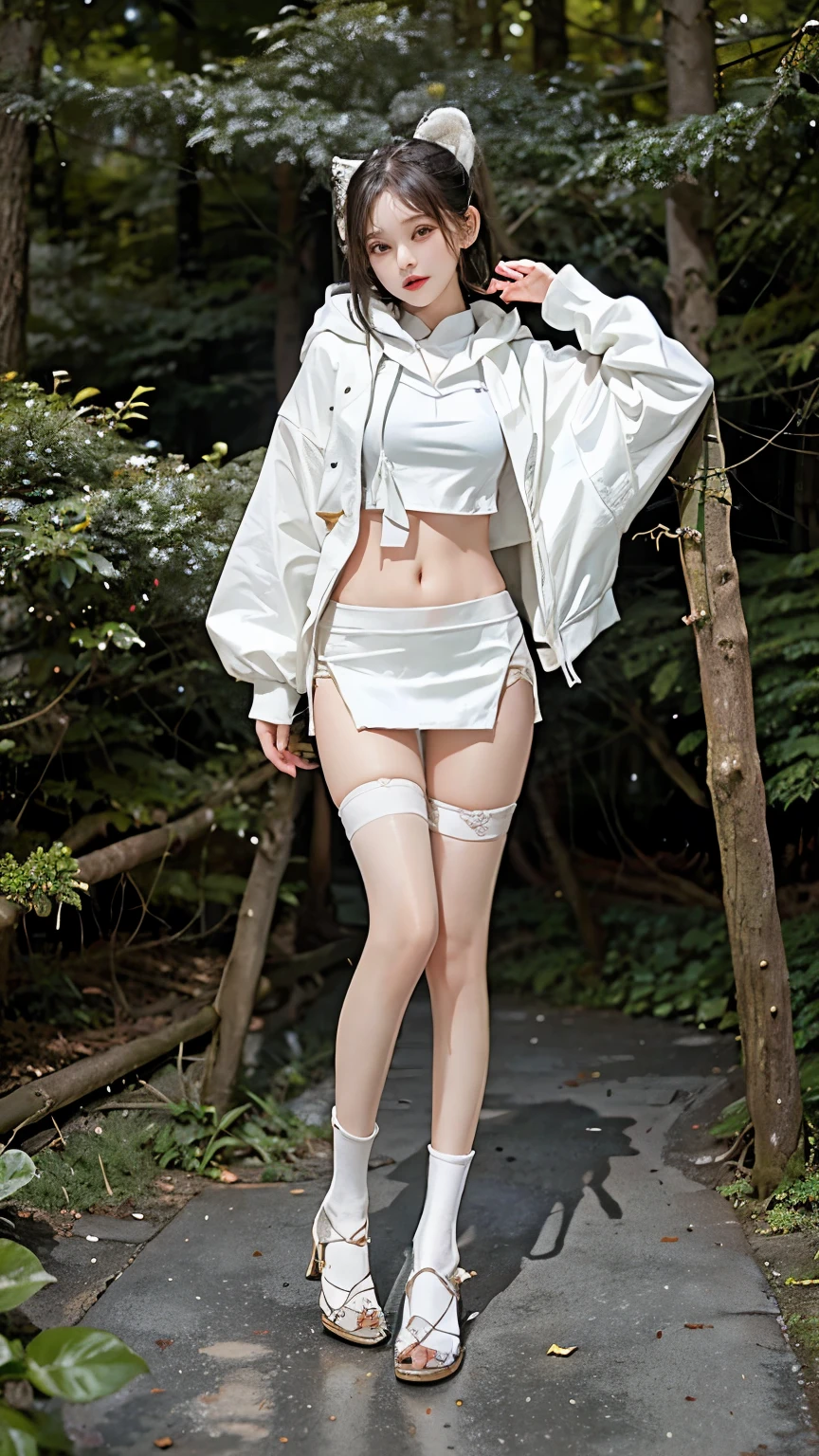 ((masterpiece)),(((Highest quality))),((Character design sheet)), Thin thighs,Long legs,18 year old Japanese girl, Cute type,The best smile:1.5，white long hoodie:1.5, Black panties in full view 1.5，Very short hair ,  (Highly detailed skin), The background is gray，Tuck up your clothes:1.5，Wearing a hood:1.5，Sexy pose with butt sticking out:1.5