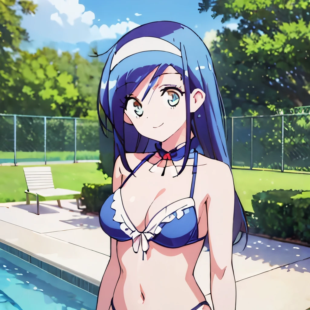 ((masterpiece)), ((best quality)), (ultra-detailed), anime style, pool, a cute girl, 1girl, solo, ((beautiful eyes)), smile, bikini00,