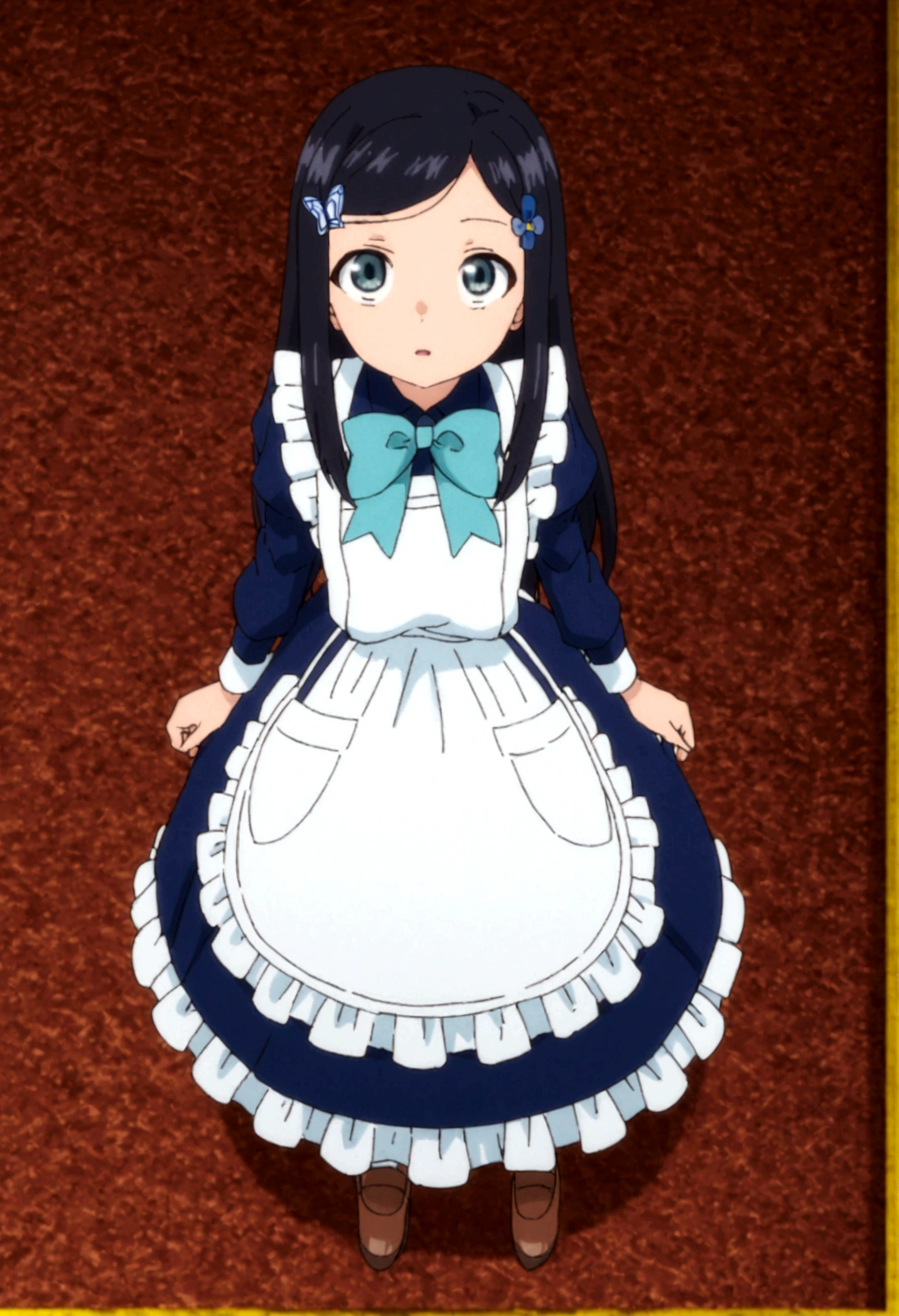 sysdeep_mitsuha, 1girl, solo, long_hair, looking_at_viewer, black_hair, hair_ornament, long_sleeves, dress, bow, standing, full_body, hairclip, apron, grey_eyes, maid, blue_dress, from_above, blue_bow, looking_up, white_apron, maid_apron, anime_coloring, 