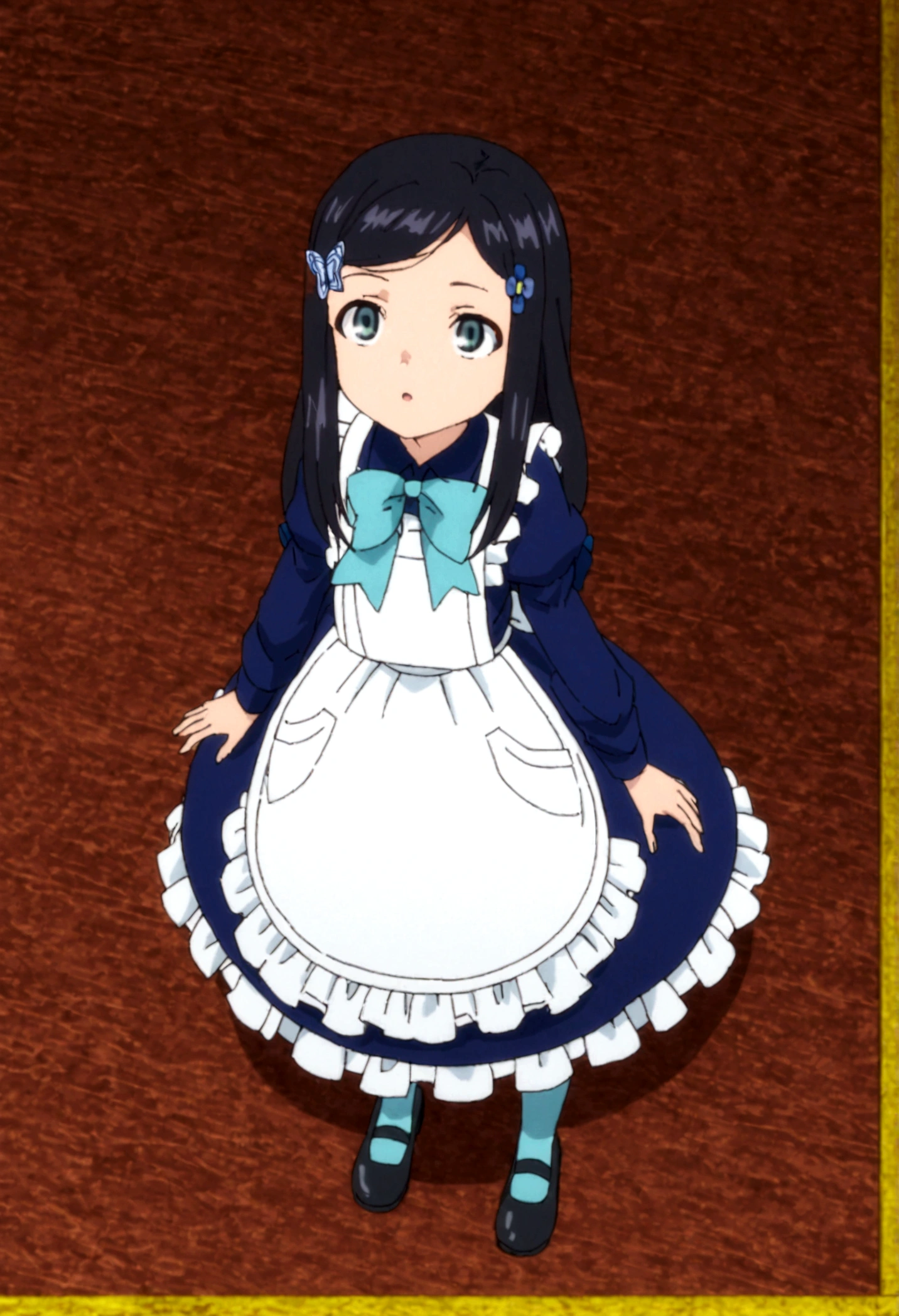 sysdeep_mitsuha, 1girl, solo, long_hair, looking_at_viewer, black_hair, hair_ornament, long_sleeves, dress, bow, standing, full_body, hairclip, apron, grey_eyes, maid, blue_dress, from_above, blue_bow, looking_up, white_apron, maid_apron, anime_coloring, 