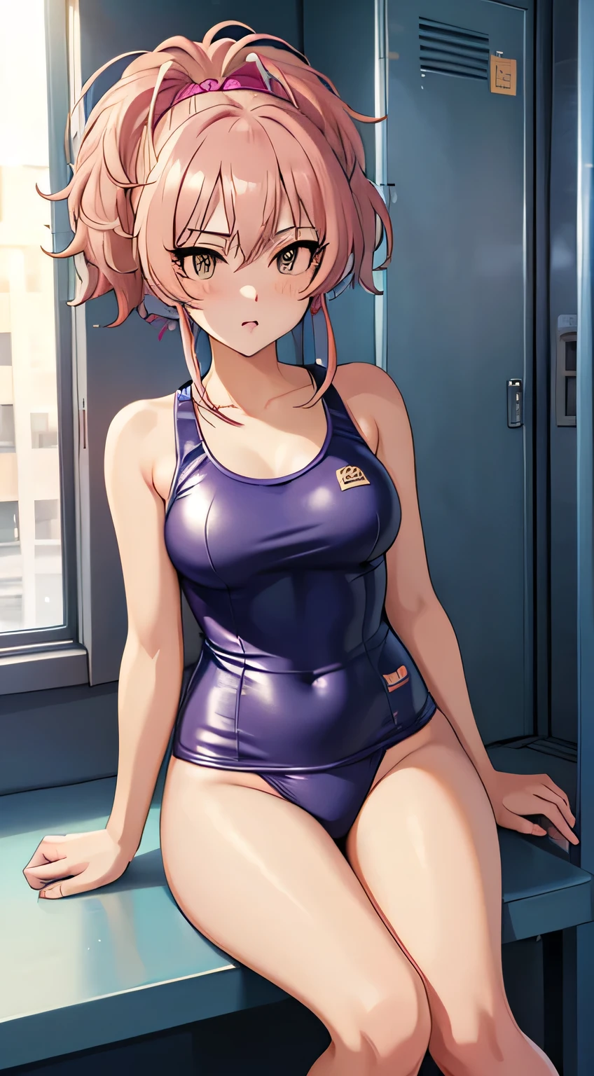 (masterpiece、highest quality、In 8K、High resolution:1.2)、alone、One Girl、 Mika Jougasaki, Feeling embarrassed、blush、Look at the viewers、Blue school swimsuit、Wet body、Glossy body、locker room、School