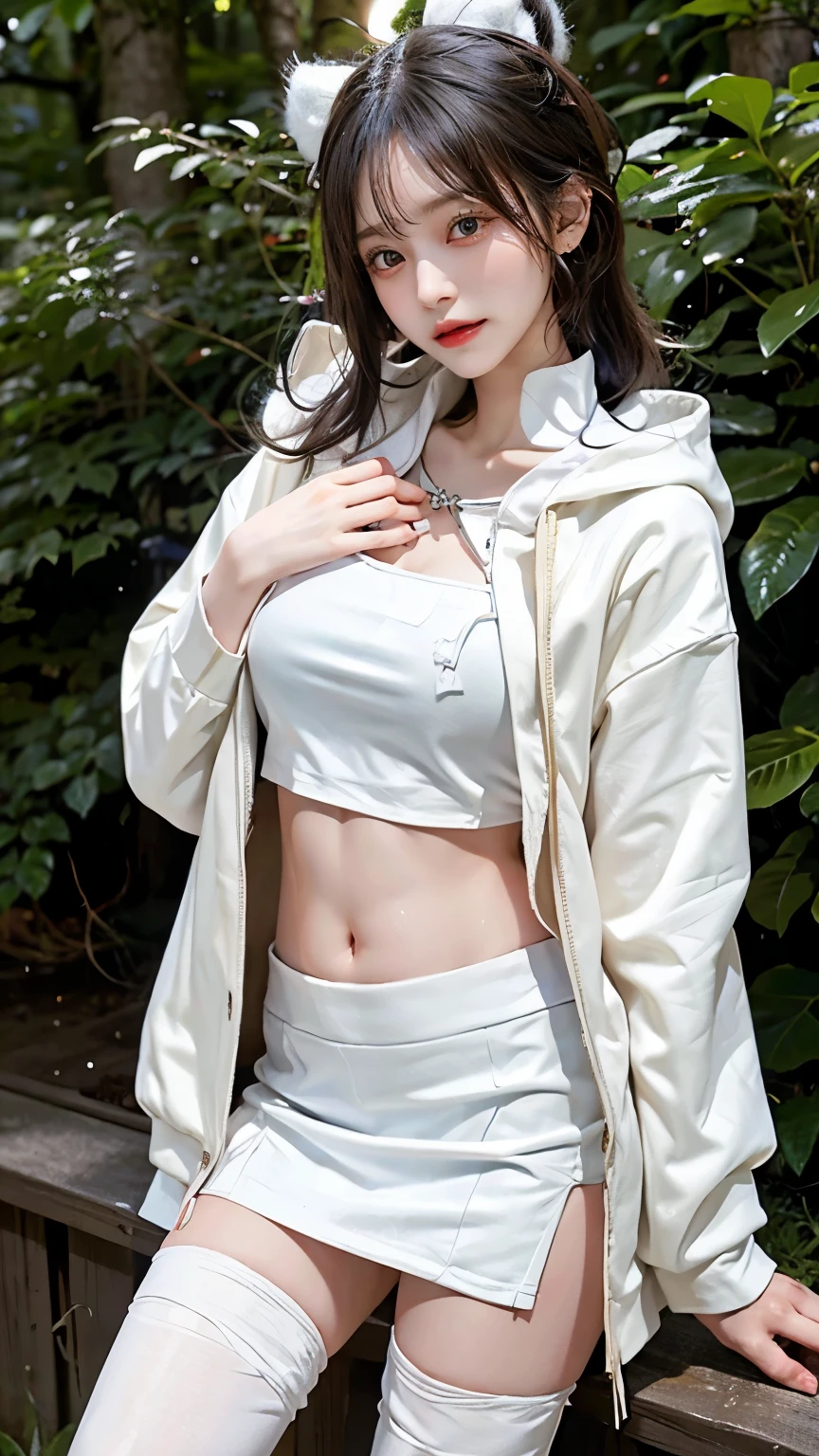 masterpiece,best quality,high resolution,8K，Focus on the thighs and above,original photo,Digital Photography,(Sci-fi style women),20 year old girl,Long ponytail hairstyle,By Bangs,(Purple Eyes),(White hair),Full breasts,Felling,Elegance and nobility,Serious and indifferent,Open white coat,(Black Camisole),Rich details,shut your mouth,Show your belly button,Exquisite decoration,Cyberpunk future style,(Female Scholar),Photo poses,White background,oc render reflection texture