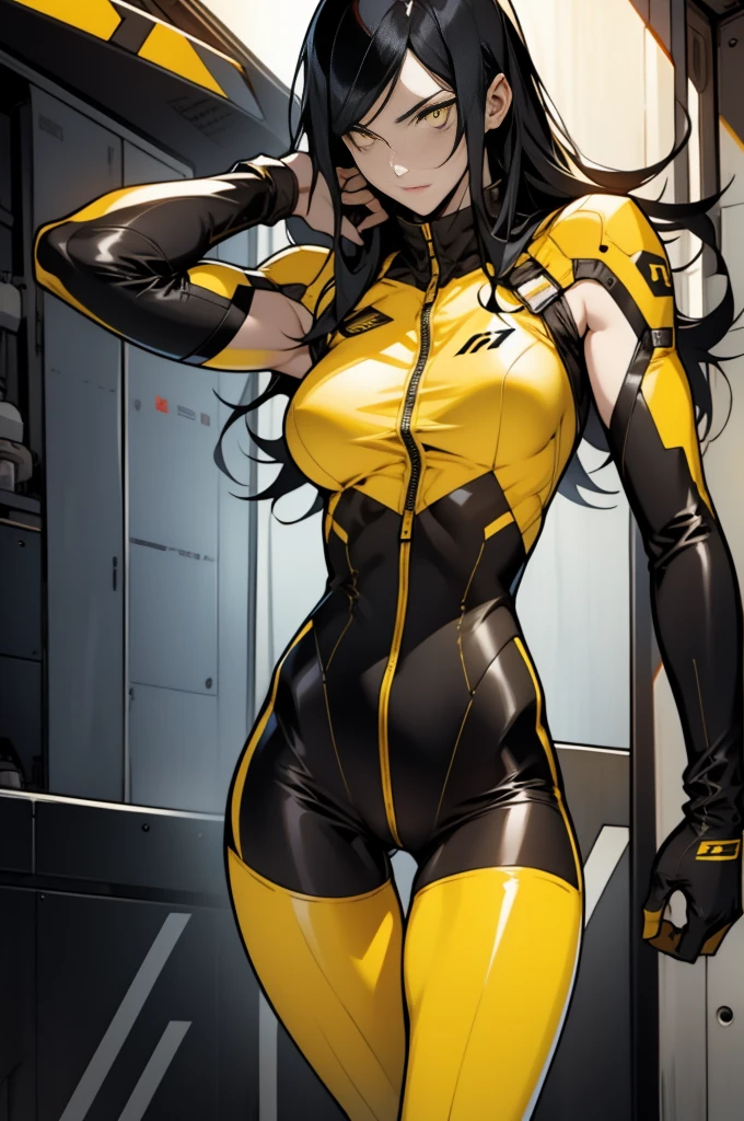 1 girl, black hair, yellow eyes, very long hair, pale skin, fit body, slender body, slim waist, large breasts, (confident expression), pilot suit, thigh gap, bare thighs, sleeveless