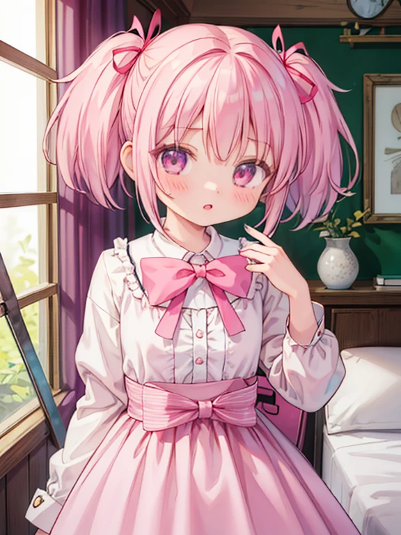 masterpiece, highest quality, Very detailed, 16k, Ultra-high resolution, Cowboy Shot, Detailed face, Perfect Fingers, 15-year-old female,  School, pink_hair, short_hair, twintails, short_twintails, pink_eyes, ribbon, hair_ribbon, bow, blush